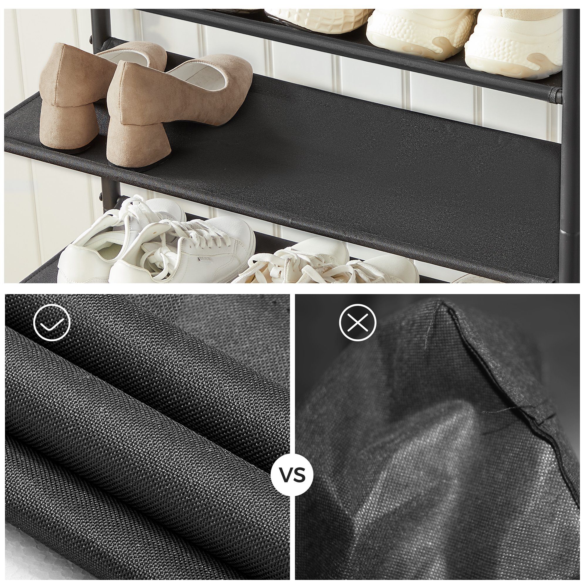 VASAGLE Schuhregal Schuhablage für Eingangsbereich, Stahl, Platzsparend, Industrie-Design, Schuhregal mit 4 Ebenen, 3 Stoffablagen, große Oberfläche für Taschen – Bild 5 von 5
