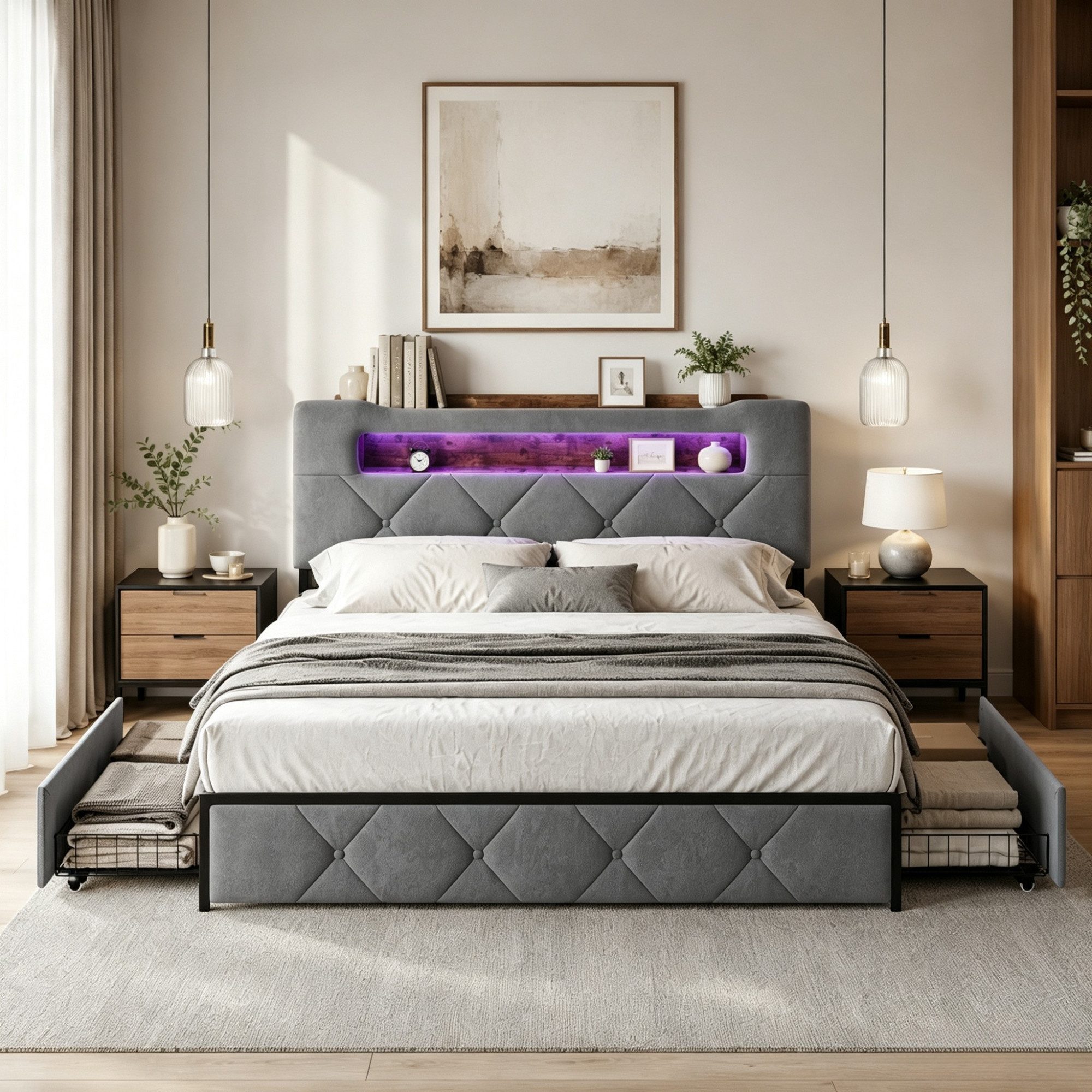 Simurq Polsterbett 140x200cm Stauraumbett mit LED, Ladefunktion und 4 Schubladen (Packung, 1-tlg., Doppelbett Mit Stauraum Kopfteil und Lattenrost), Samt Schubladenbett für Jungen und Mädchen
