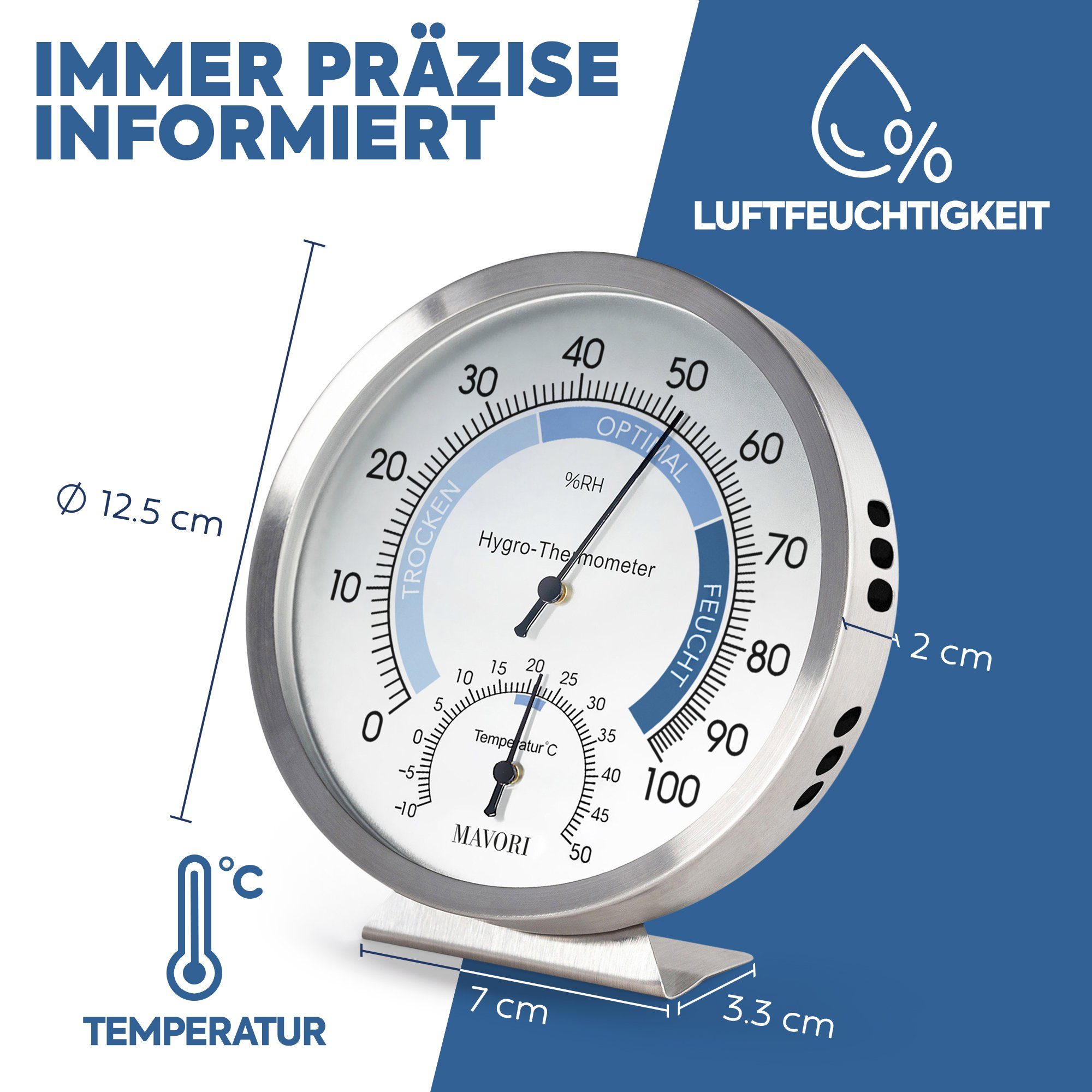 MAVORI Hygrometer mit Thermometer analog aus Edelstahl - präzise und stilvoll - Ø 12,5cm, batteriefreier Betrieb (Bi-Metall)