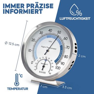 MAVORI Hygrometer mit Thermometer analog aus Edelstahl - präzise und stilvoll - Ø 12,5cm, batteriefreier Betrieb (Bi-Metall)