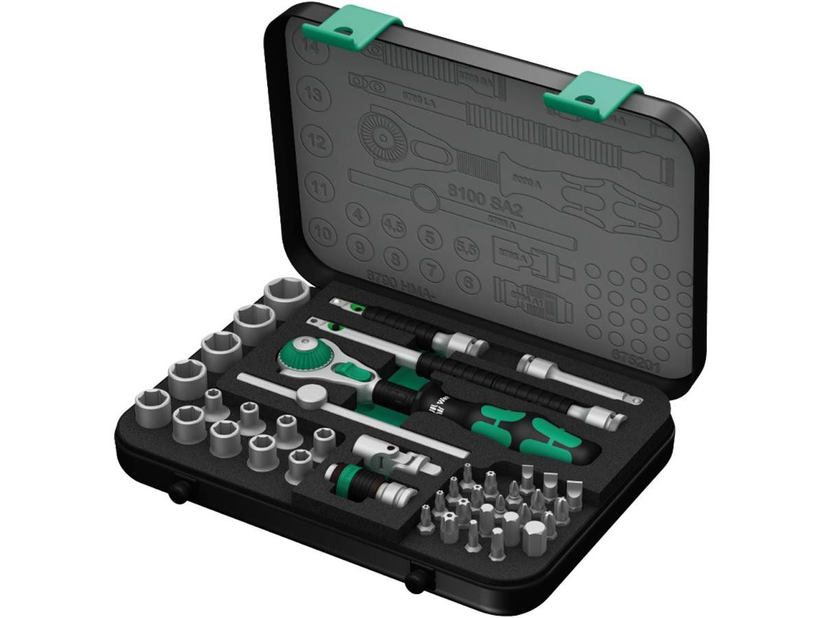 Wera Ratsche 8100 SA 2 Zyklop (Set, 42 St., 42-tlg), mit schwenkbarem, arretierbarem Knarrenkopf und 72-Zahn-Feinverzahnung