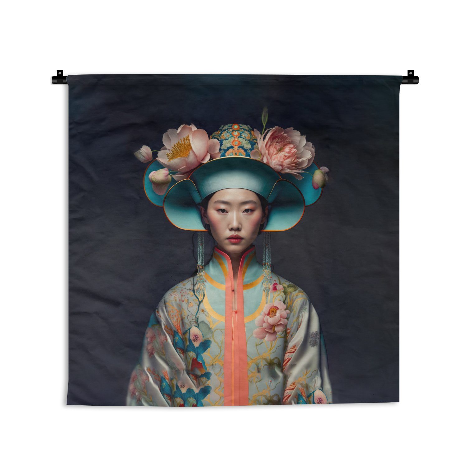 MuchoWow Wanddekoobjekt Frauen - Asiatisch - Porträt - Kleidung - Blumen, Wanddeko für Wohnzimmer, Schlafzimmer, Kleid, Wandbehang, Kinderzimmer