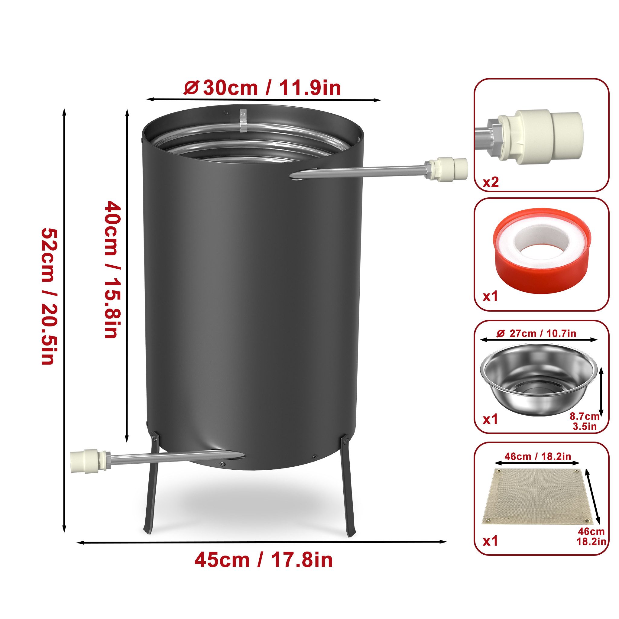FIVMEN Pool-Wärmepumpe Poolheizung Feuertonne Edelstahl Brennholz mit Feuer Ø 30 x 52 cm (1 tlg), Schwimmbadheizung mit 32/38mm Anschlüsse 14m Eingebaute Spiralerohr