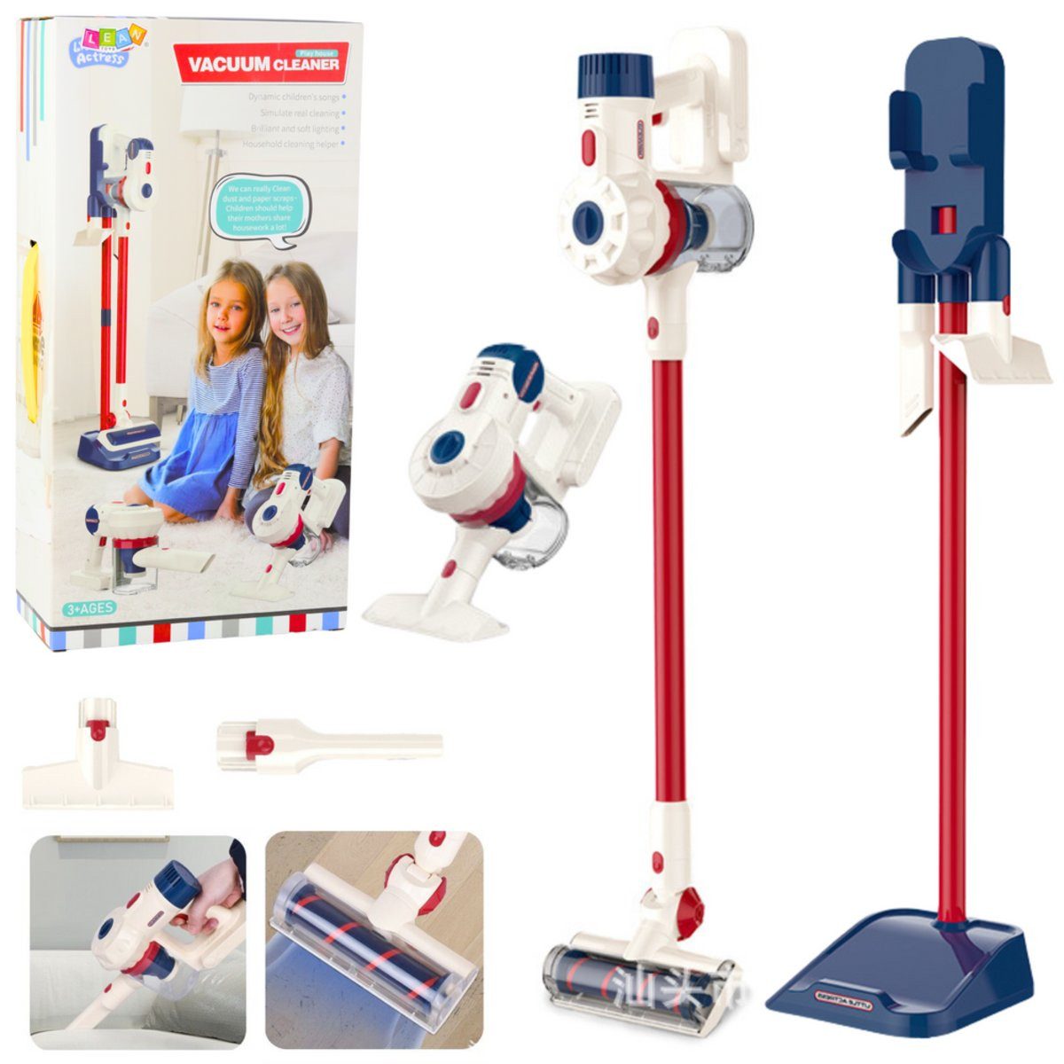 Wisam Kinder-Küchenset Standstaubsauger Kinder-Reinigungsset Lichter Sounds Station Weiß