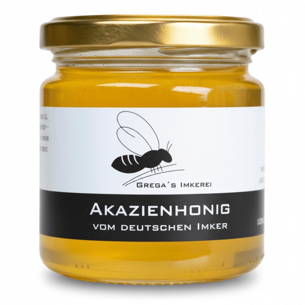 Grega´s Imkerei Honig Akazienhonig (Robinienhonig) aus Deutschland, 1 x 250 g, (direkt vom Imker - schonend verarbeitet), flüssiger Honig – mild & blumig – hellgolden & klar