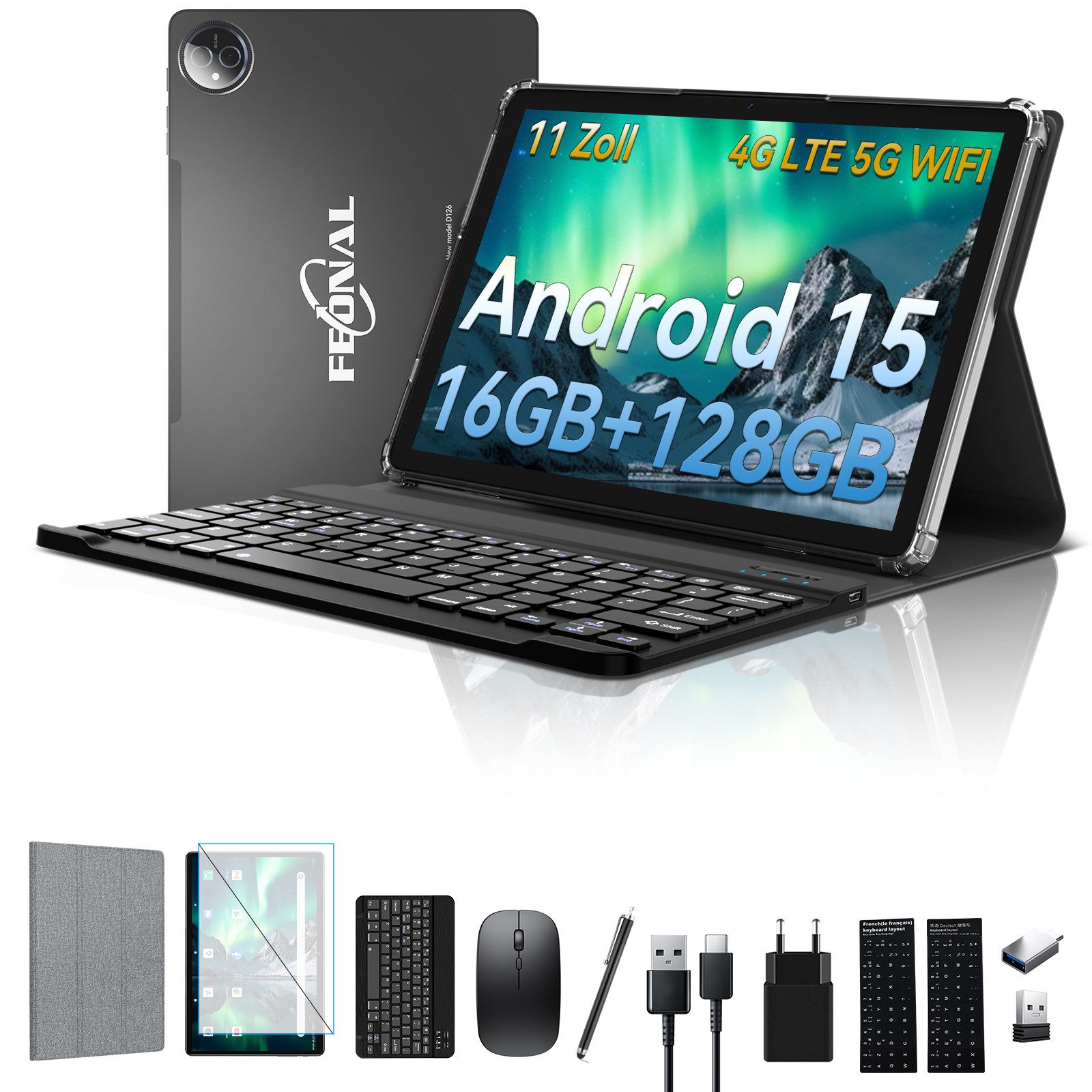 FEONAL Android 15, 11 Zoll mit 16GB RAM+128GB ROM (1TB TF), 7000mAh Tablet (11", 128 GB, Android 15, 5G WIFI, 4G LTE & BT 5.0, Gaming Tablet, Octa-Core 2.0 GHz, mit Tastatur und Stift)