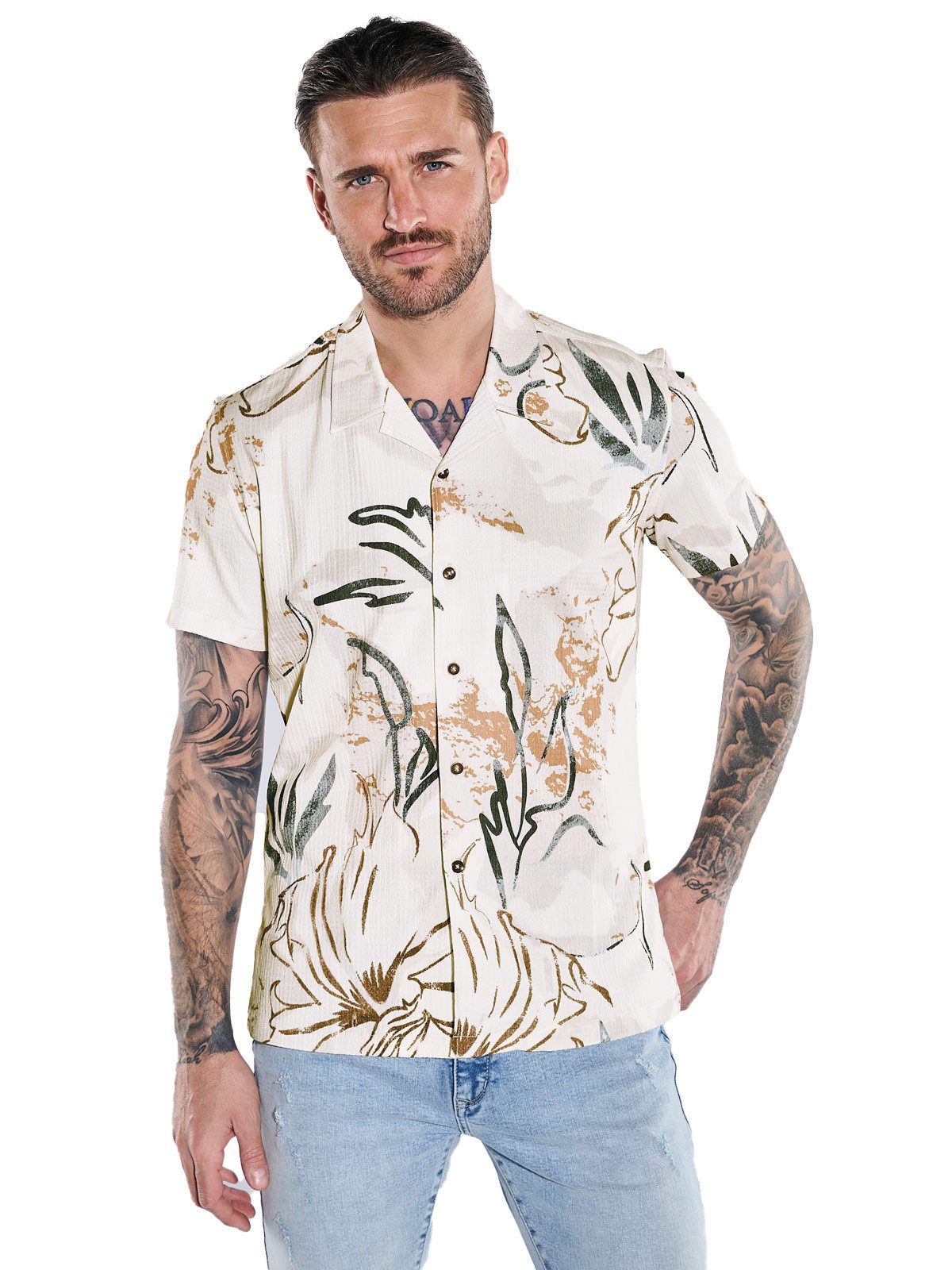 Kurzarmhemd Herren Kurzarm-Hemd gemustert, Beige