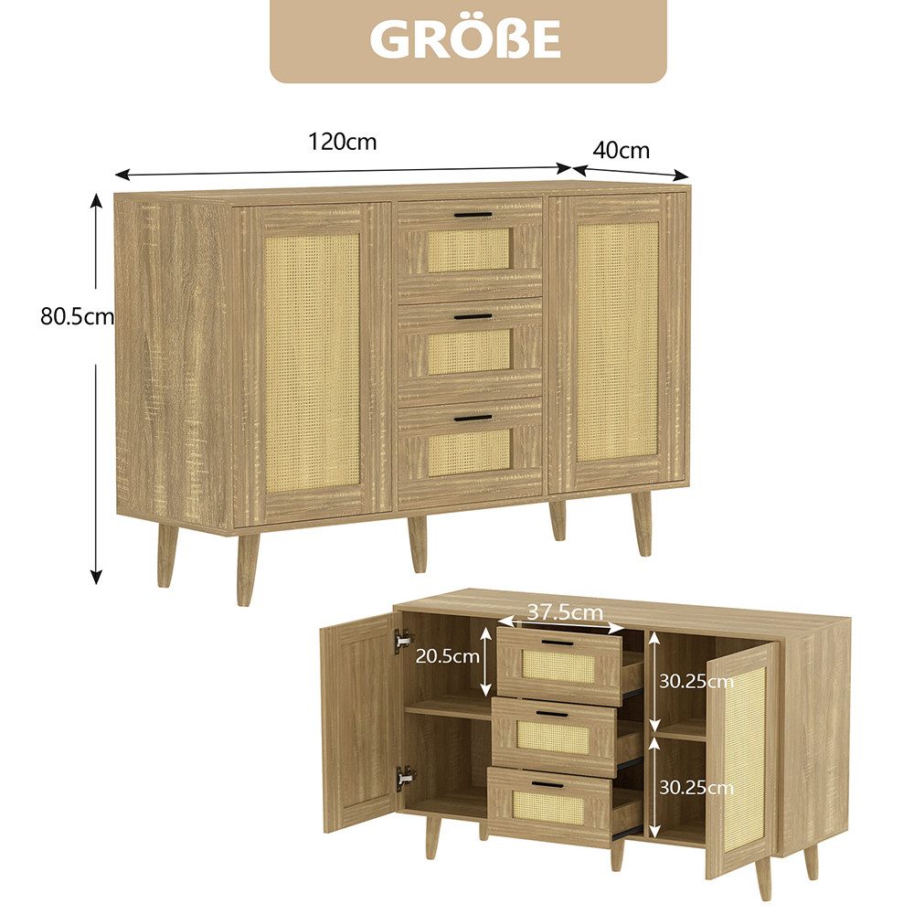 WAOHO Kommode Schubladenkommode Rattantür, Standschrank mit 3 Schubladen und 2 Türen