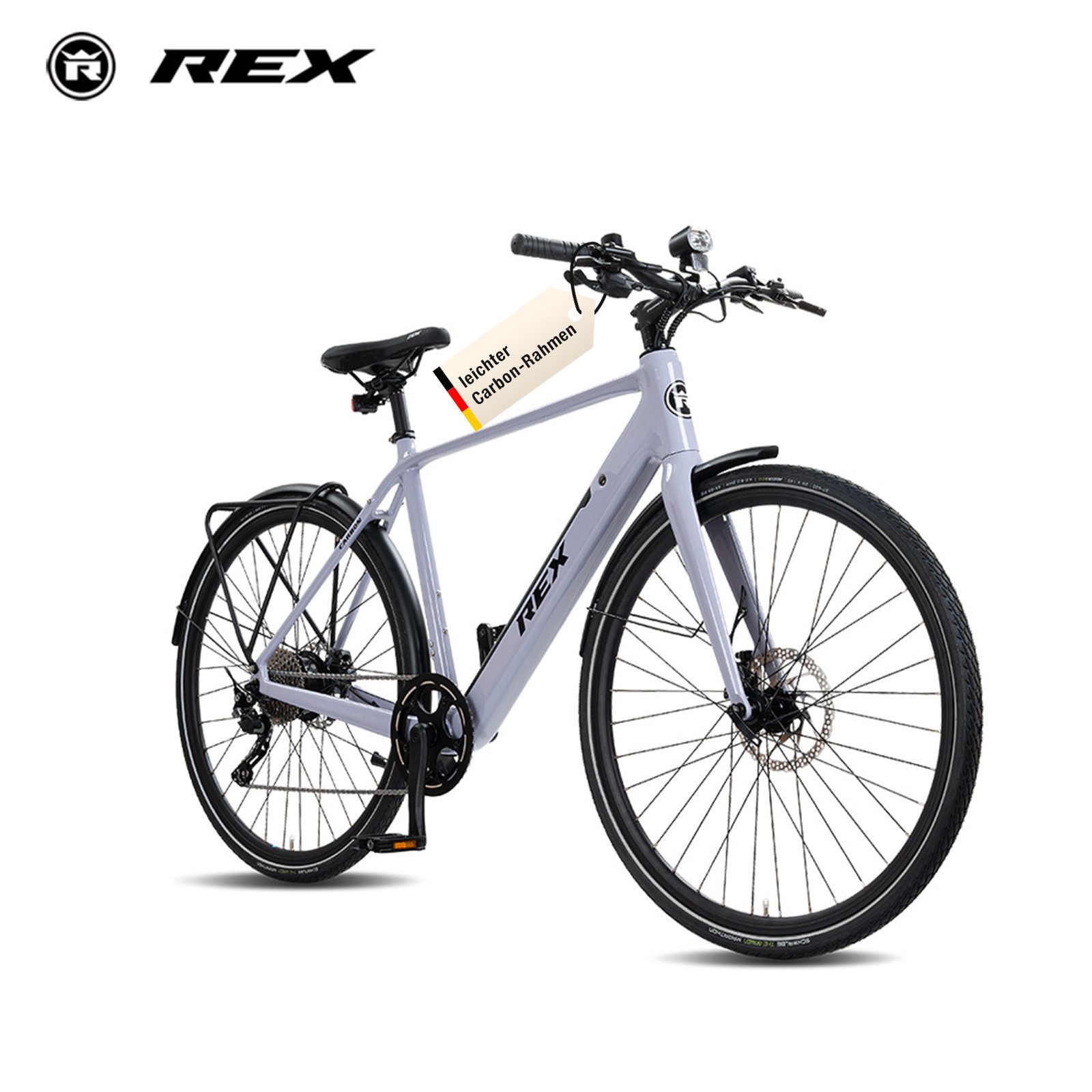 REX E-Bike Trekkingrad 17kg leichter Carbon-Rahmen REX E-Trekkingrad, 28 Zoll, Damen & Herren, 10 Gang SHIMANO, Heckmotor, 360 Wh, MIVICE 40Nm Heckmotor, Shimano Deore 10-Gang, 360 Wh, bis 120 km