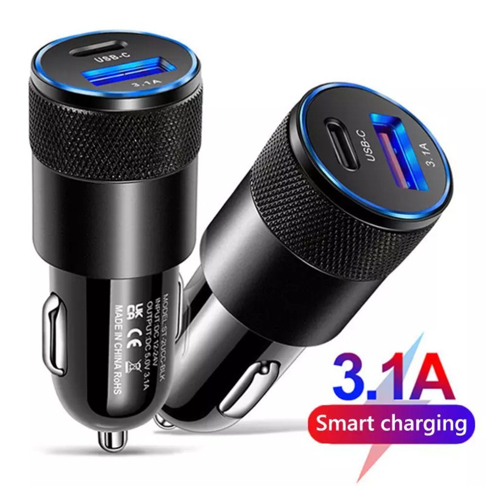 TradeNation Auto Ladegerät USB Typ C 3.1 Smart Ladeadapter KFZ Zigarettenanzünder KFZ-Adapter USB-C, USB 3.0 Typ A zu AV OUT/Digital, 2 USB Ladeanschlüsse