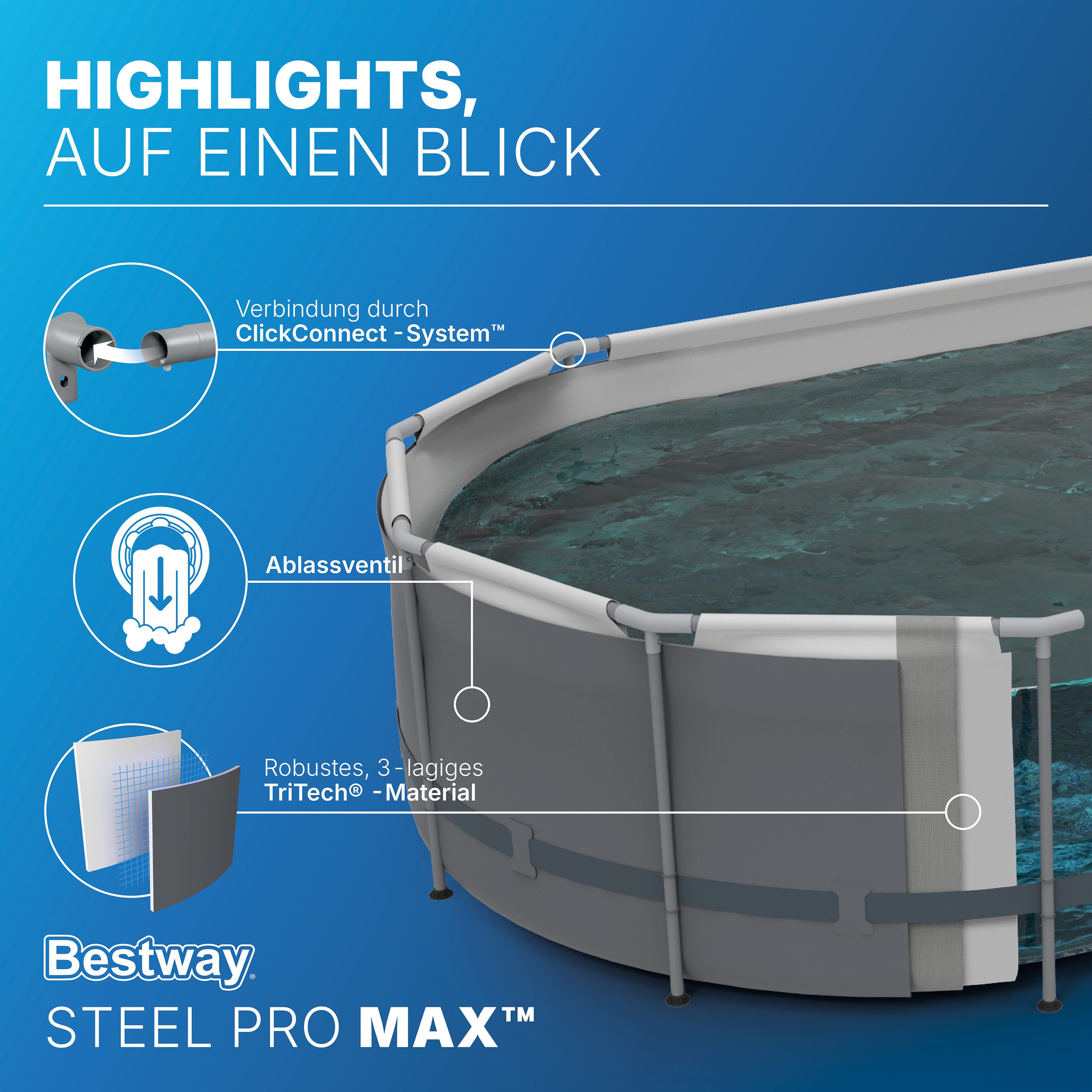 Bestway Framepool Steel Pro MAX™ (Set, Inkl. Filterpumpe, Sicherheitsleiter, Abdeckplane), 549 x 274 x 122 cm