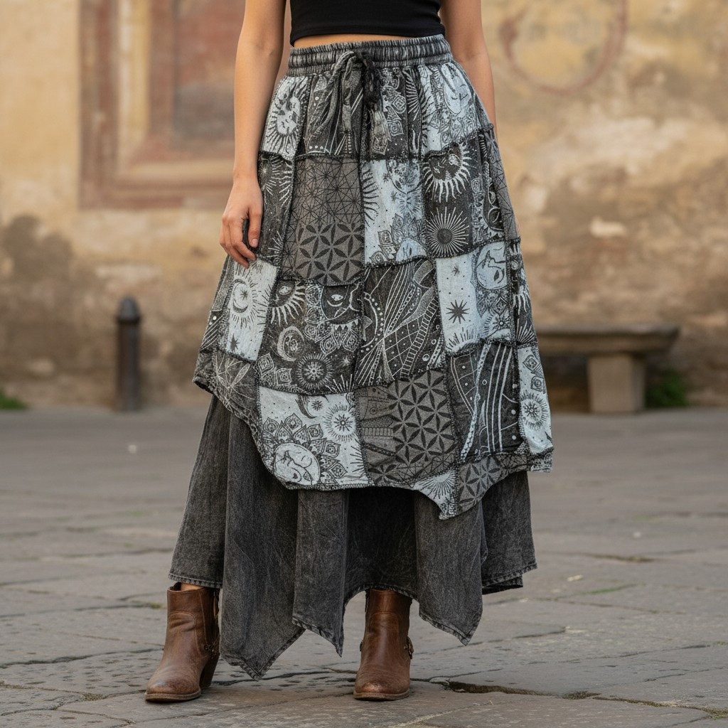 Guru-Shop Minirock Langer Boho Lagenrock, stonewash Patchwork.. alternative günstig online kaufen