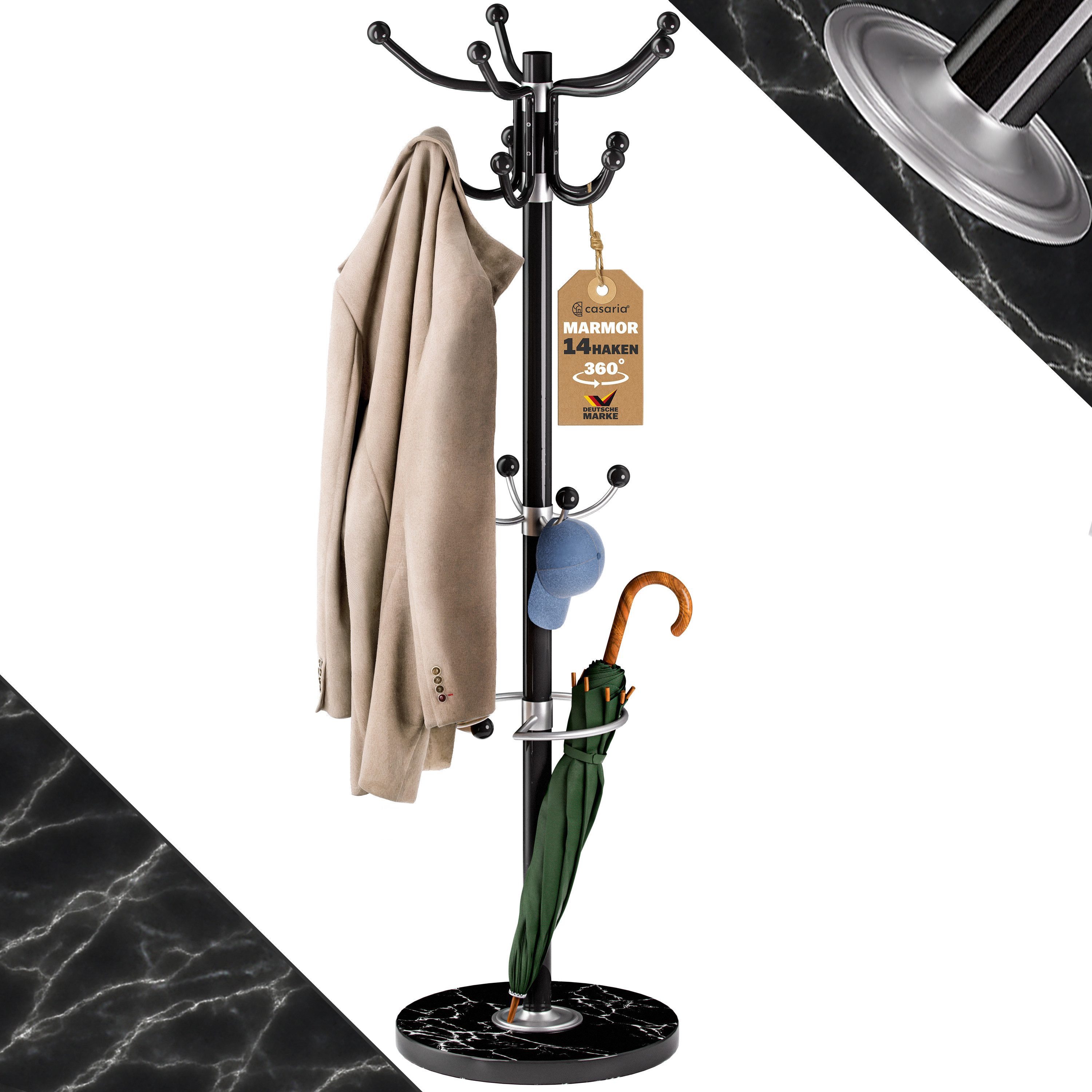 Casaria Вешалки для одежды, Marmorsockel Metall 14 Haken 360° Drehbar Stabil Modern 37x37x175cm