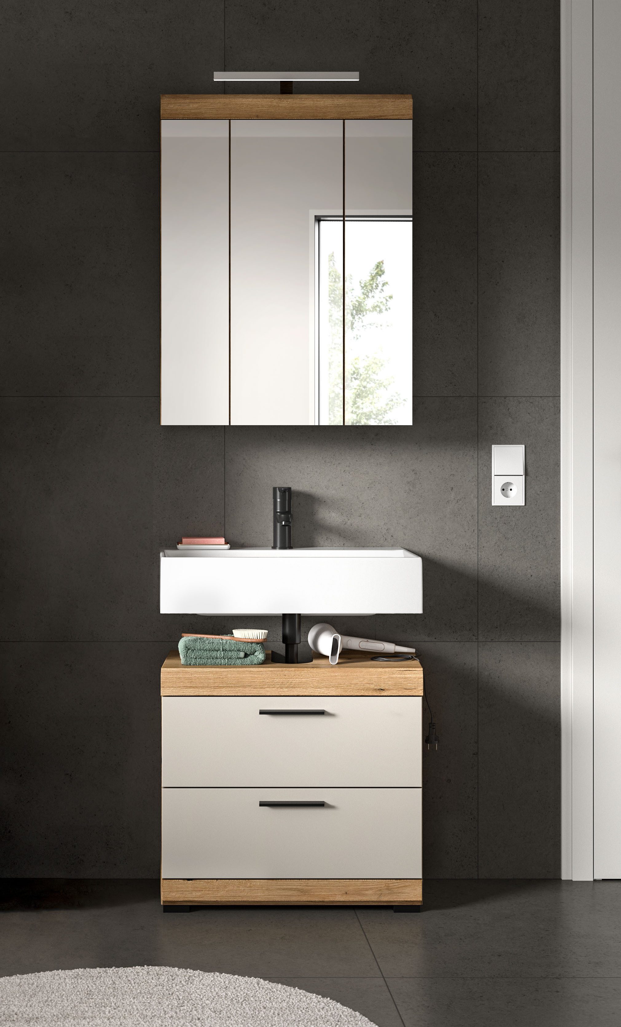 welltime Badmöbel-Set SIENA, 2 teilig, inklusive LED Beleuchtung, bestehend aus:, (Set, 2-St., TOPSELLER), Waschbeckenunterschrank, Spiegelschrank, LED Badaufsatzleuchte