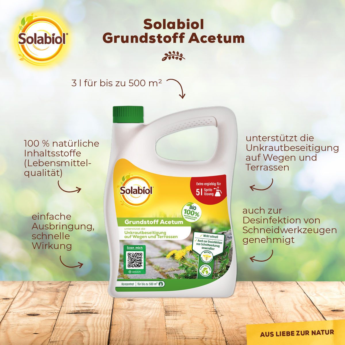 Solabiol Unkrautbekämpfungsmittel Grundstoff Acetum 3 L - zur Unkrautbeseitigung auf Wegen und Terrassen, 3000 ml