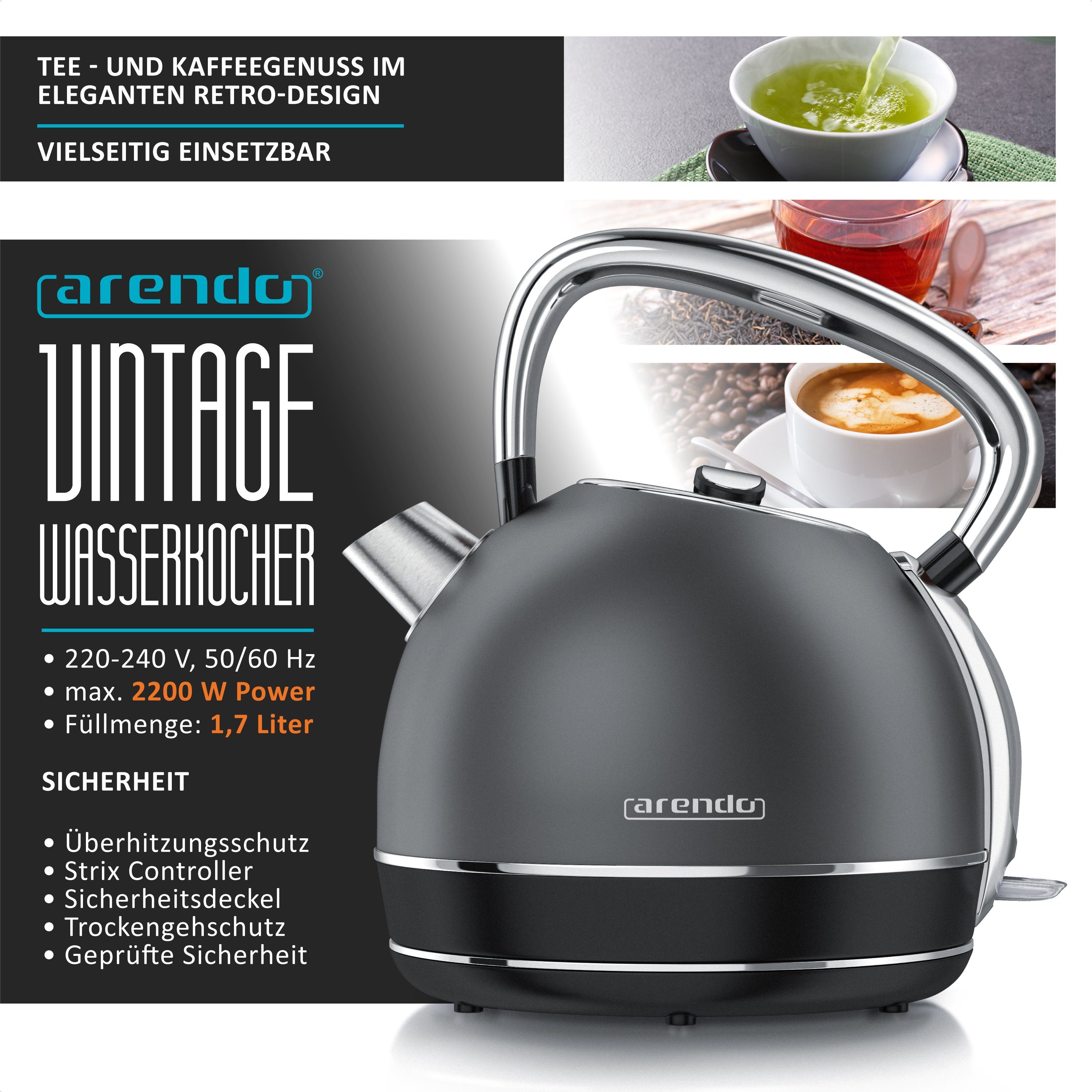 Arendo Frühstücks-Set Edelstahl Wasserkocher 1,7l, 2-Scheiben Langschlitz Toaster, Cool Grey (2-tlg), Frühstücksset, Wasserkocher Retro, 2200W, Toaster Brötchenaufsatz