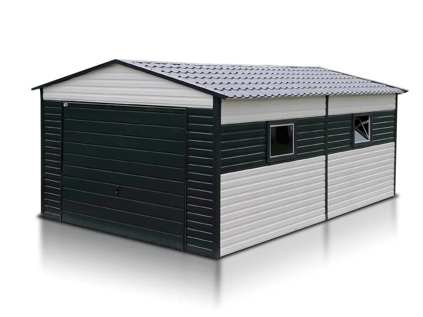 LiderStal Garage Einzelgarage aus Blech 400 x 600 cm Weiss Satteldach Schwingtor (Set, für einen PKW), Satteldach, Schwingtor, Weiß-Schwarz