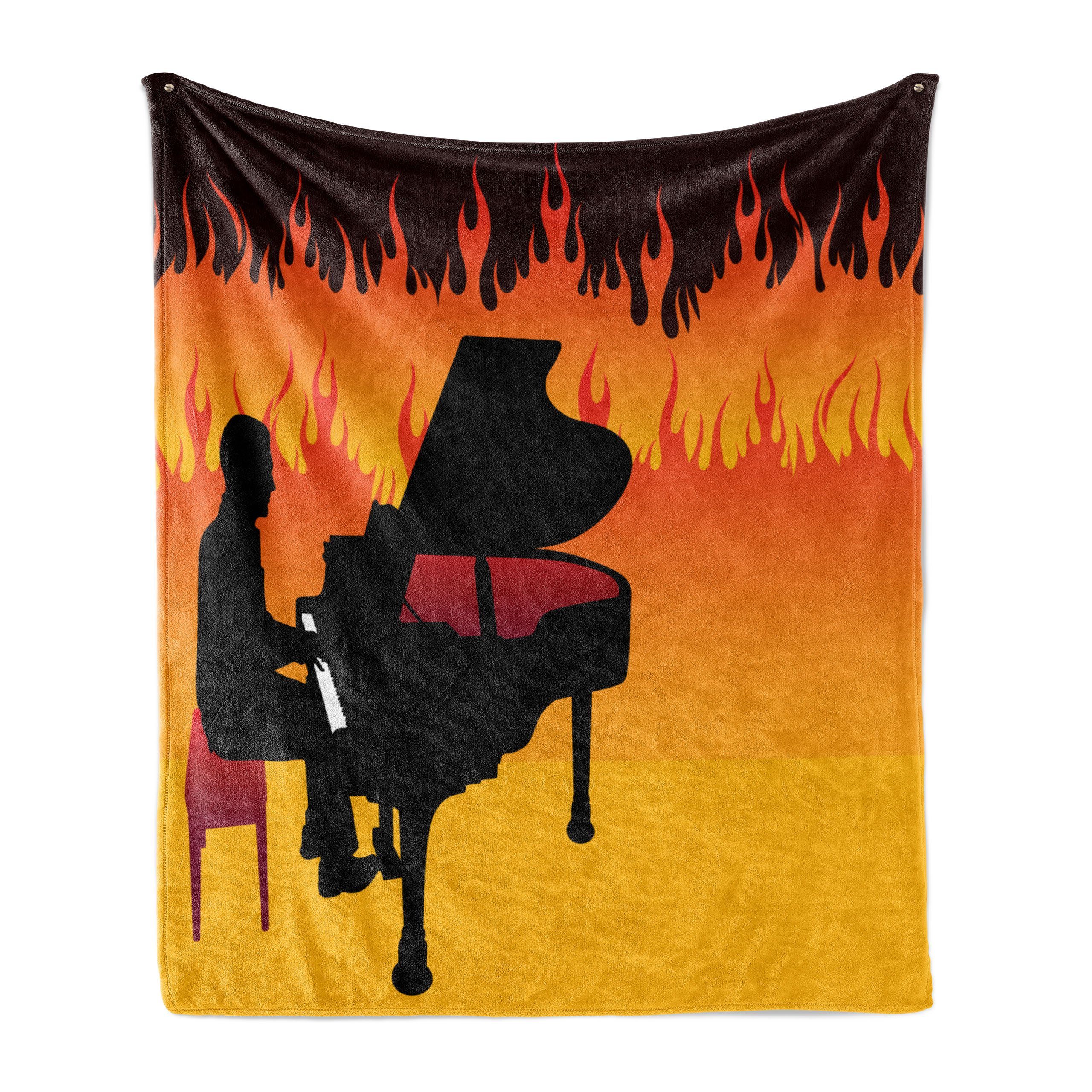 Wohndecke Gemütlicher Plüsch für den Innen- und Außenbereich, Abakuhaus, Orange und Schwarz Pianist Man spielt auf Flammen