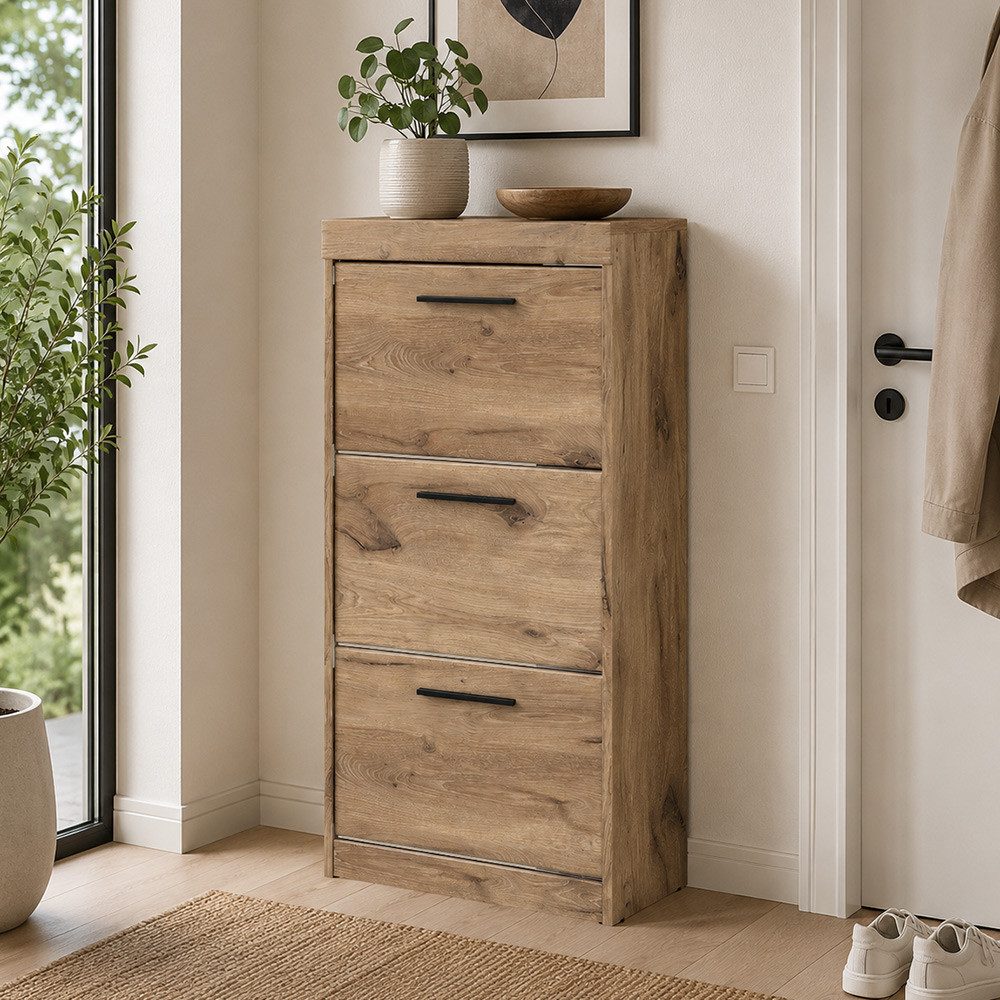 Lomadox Schuhschrank GRAHAM-129 Eiche Dekor 53,9 cm 3 Klappen Schuhkipper