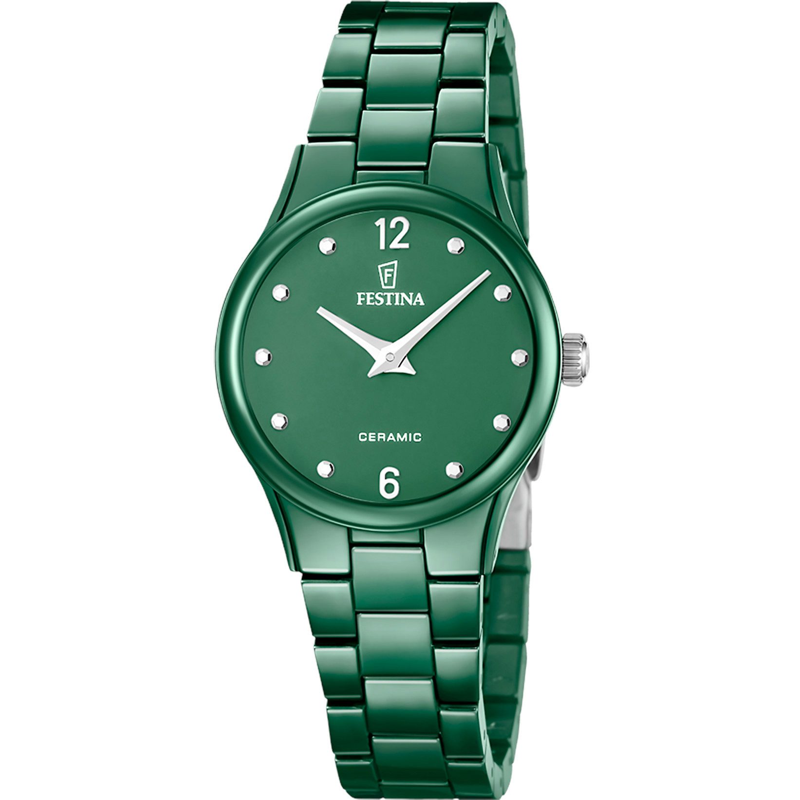Festina Quarzuhr Ceramic Damenuhr F20751-6 – Grüne Keramikuhr mit Keramikband, 30,5 mm
