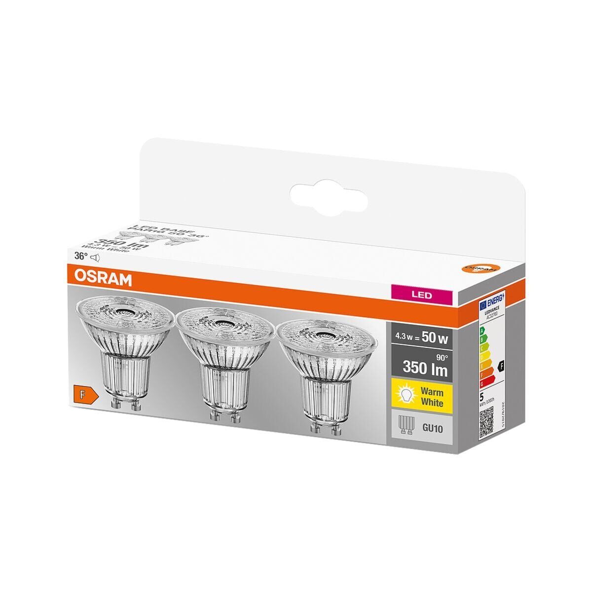 Osram LED-Leuchtmittel Base Par16, GU10, 3 St., Warm White, mit Retrofit-Stecksockel, 4,3 W