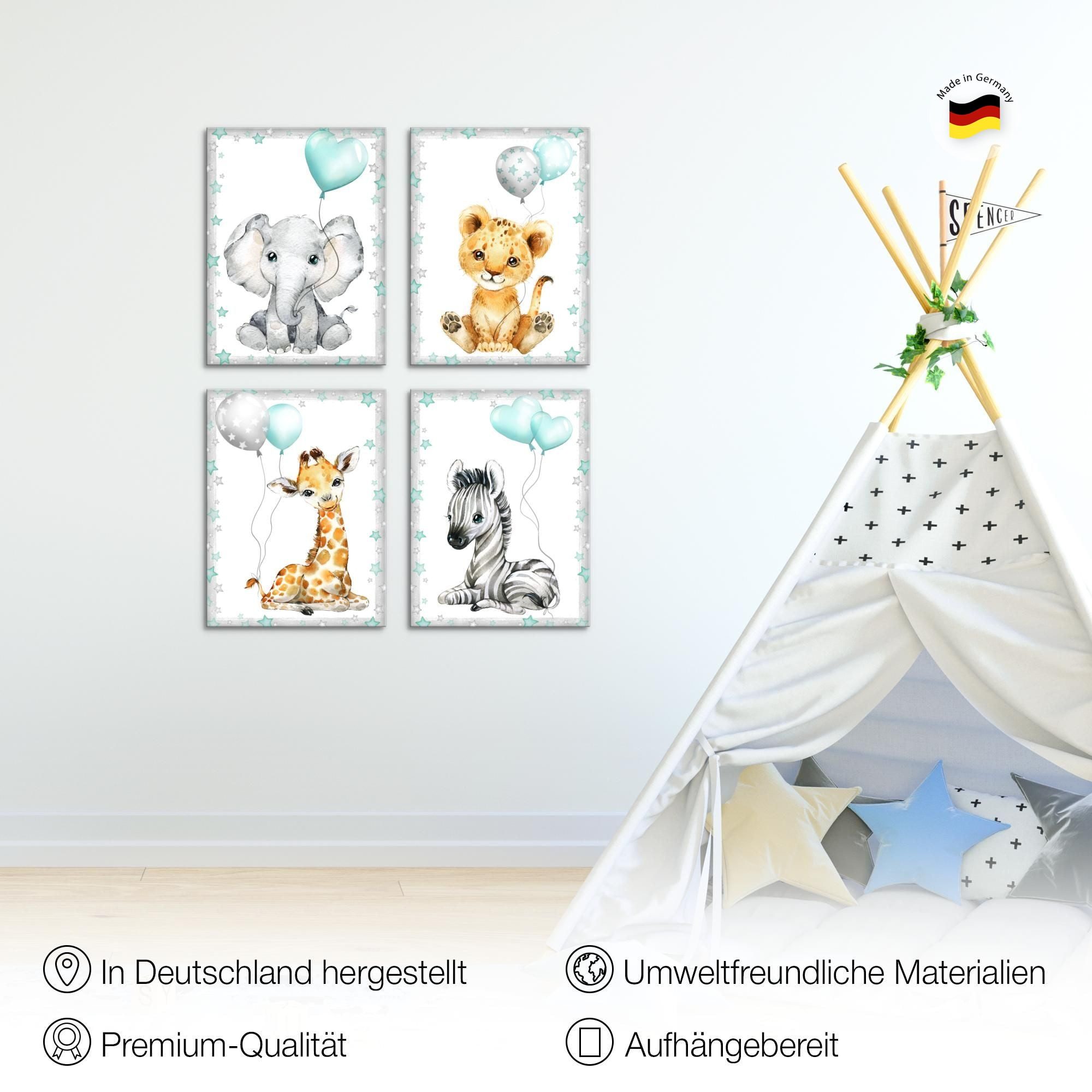 Novart Wandbild Kinderzimmer Wandbilder Set Tiere - 4 Bilder 30x40 cm Aufhängfertig, Blau