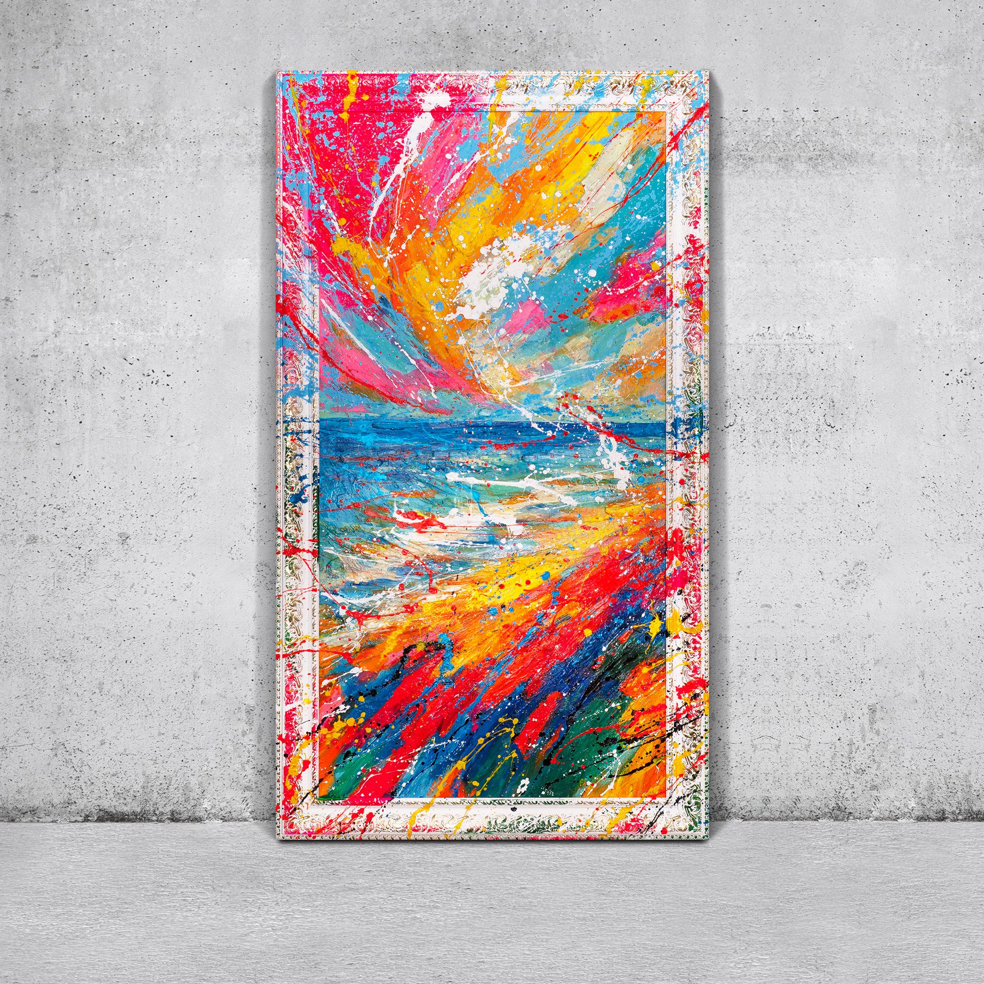 YS-Art Gemälde Kontrastreicher Auftritt, Meer, Leinwandbild cooles Mädchen, Frau mit Brille, gerahmt, bunt