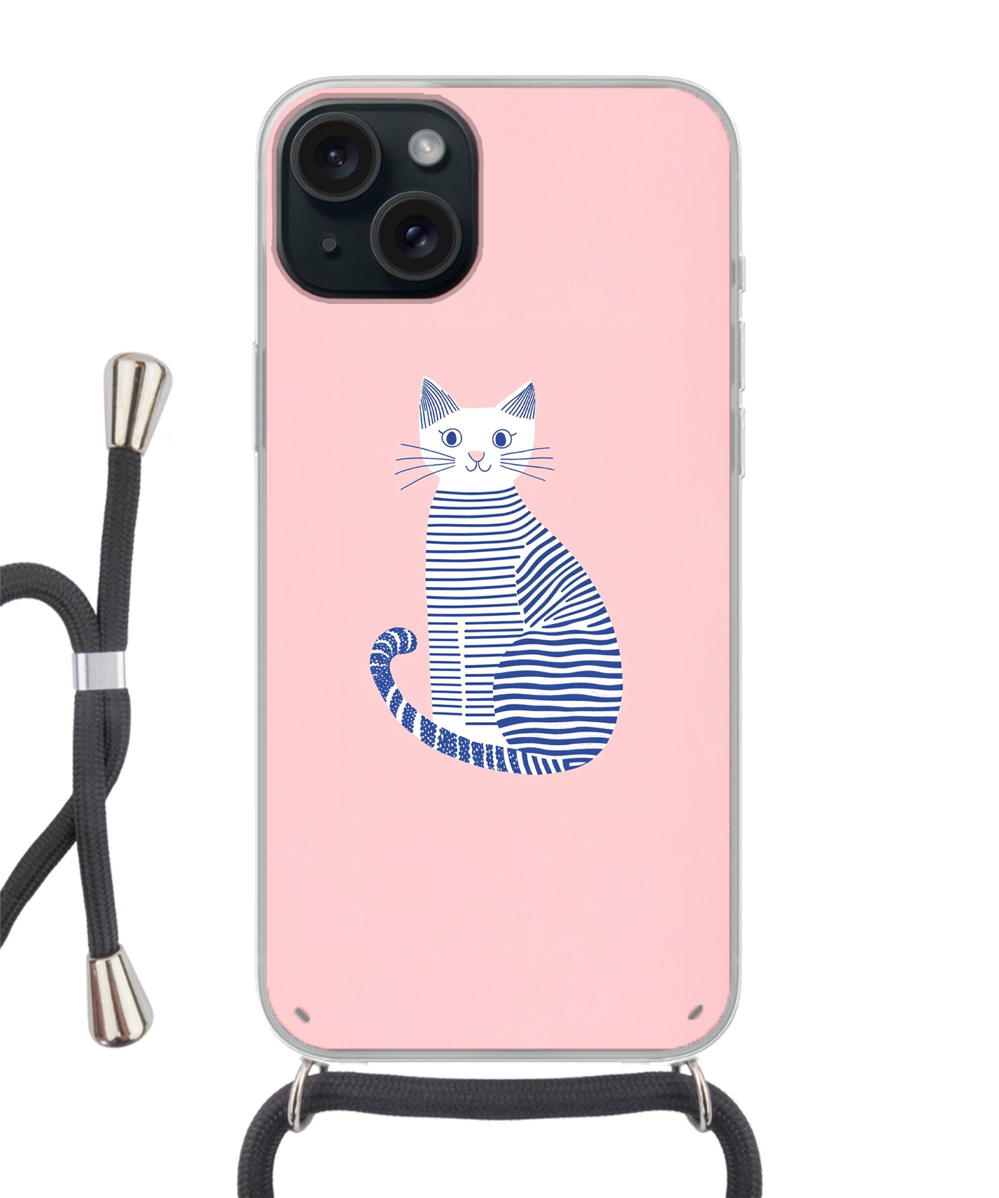MuchoWow Handyhülle für Apple iPhone 15 Plus Katze - Illustration - Minimalistisch - Rosa, Tragbare Handyhüllen mit Kette zum umhängen, Handykette Handyband