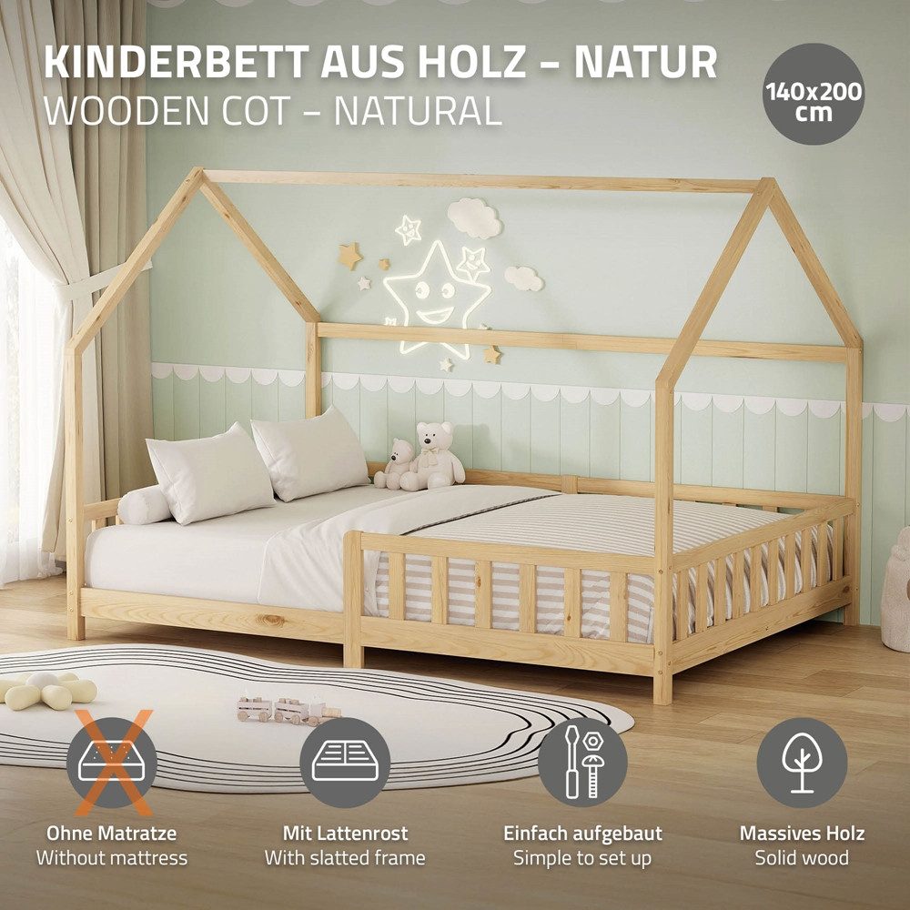 ML-DESIGN Spielbett Hausbett Kinderbett inkl. Lattenrost kreativ Bodenbett für Kinder, Abenteuerbett zum Spielen mit Rausfallschutz Kiefer Natur Himmelbett