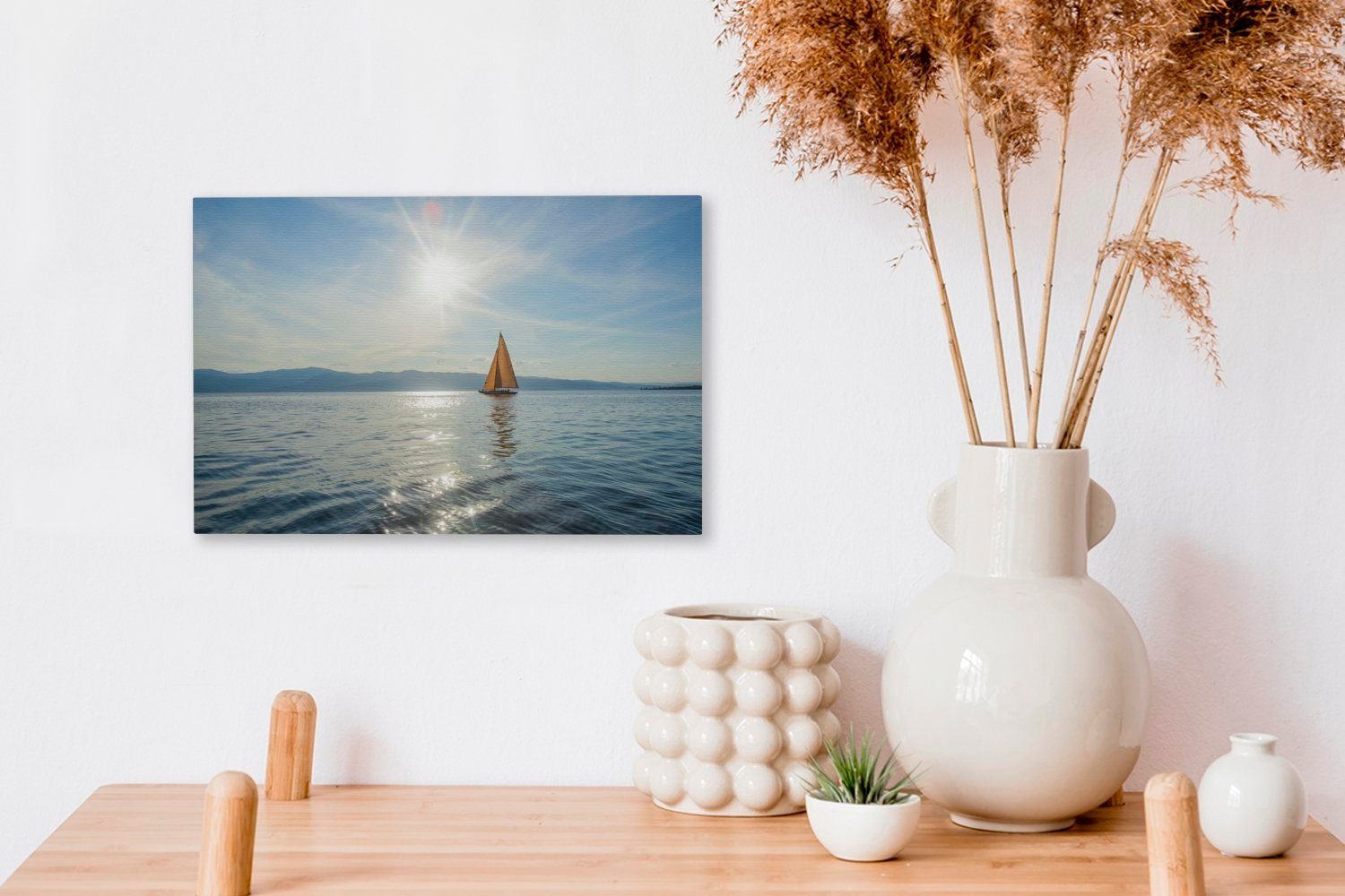 Leinwandbild einem Segelboot cm 30x20 Aufhängefertig, Wanddeko, gelben Sonnenstrahlen Leinwandbilder, OneMillionCanvasses® auf dem St), Wandbild See, (1 über