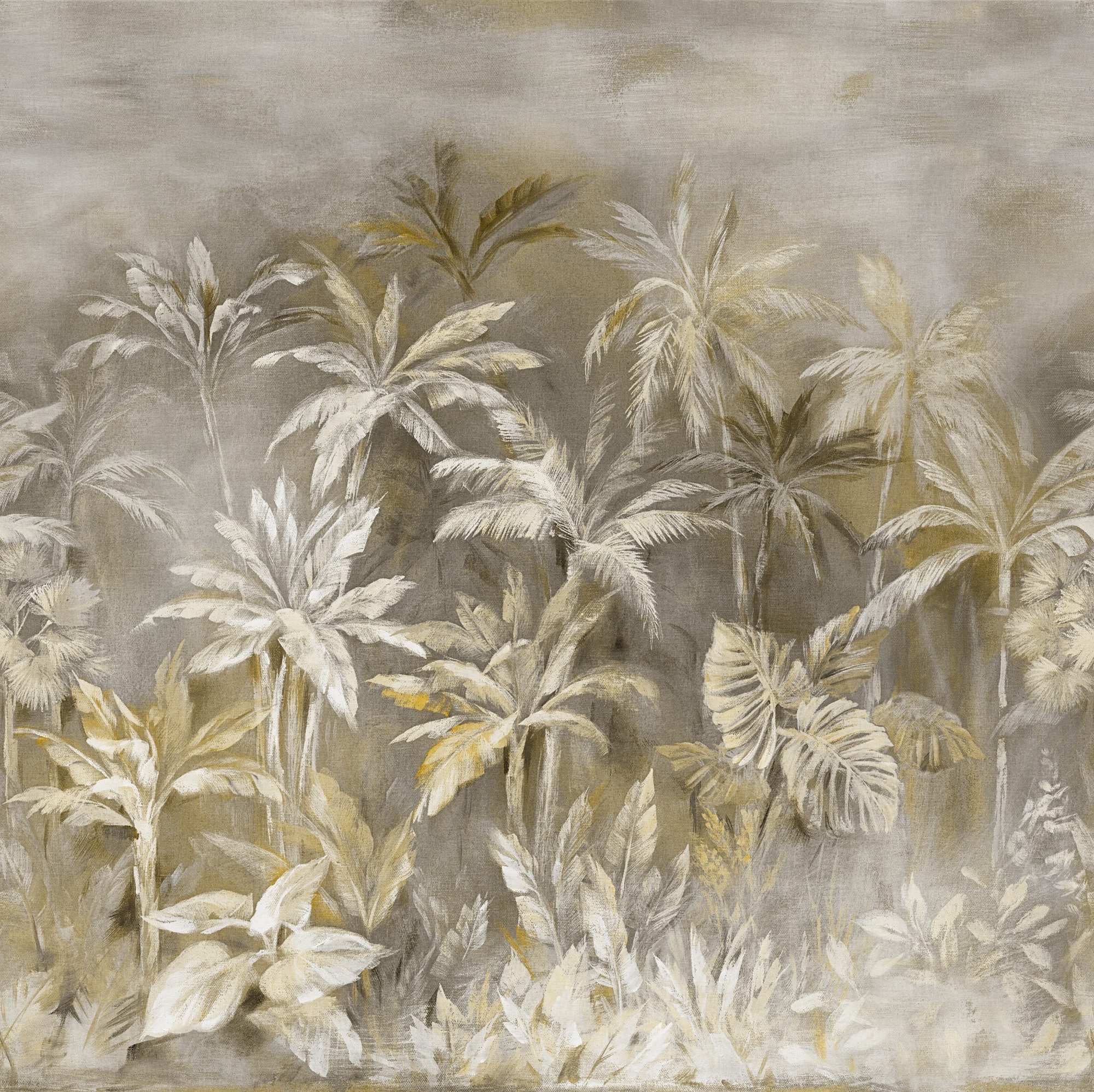 Rasch Fototapete Exotische Palmen & Dschungel - Vliestapete Grau Gelb, floral, bedruckt, (1 Rolle, 1 St., Kollektion 'Magicwalls' - 2,65 m x 2,65 m), Lichtbeständige Farben - Feucht abwischbar - Restlost abziehbar
