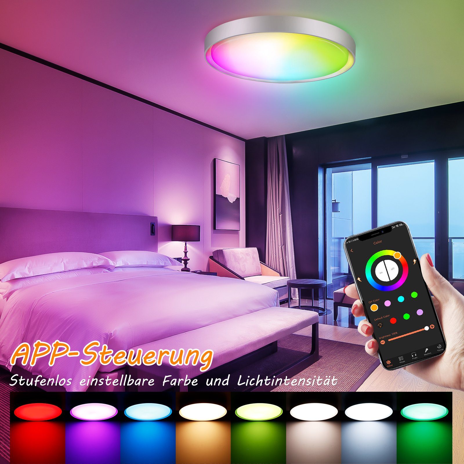 24W LED Deckenlampe, mit warmweiß LED integriert, Dimmbar, mit RGB tageslichtweiß Fernbedienung naturweiß fest RGB Deckenleuchte Dimmbar, RGB Fernbedienung BlingBin