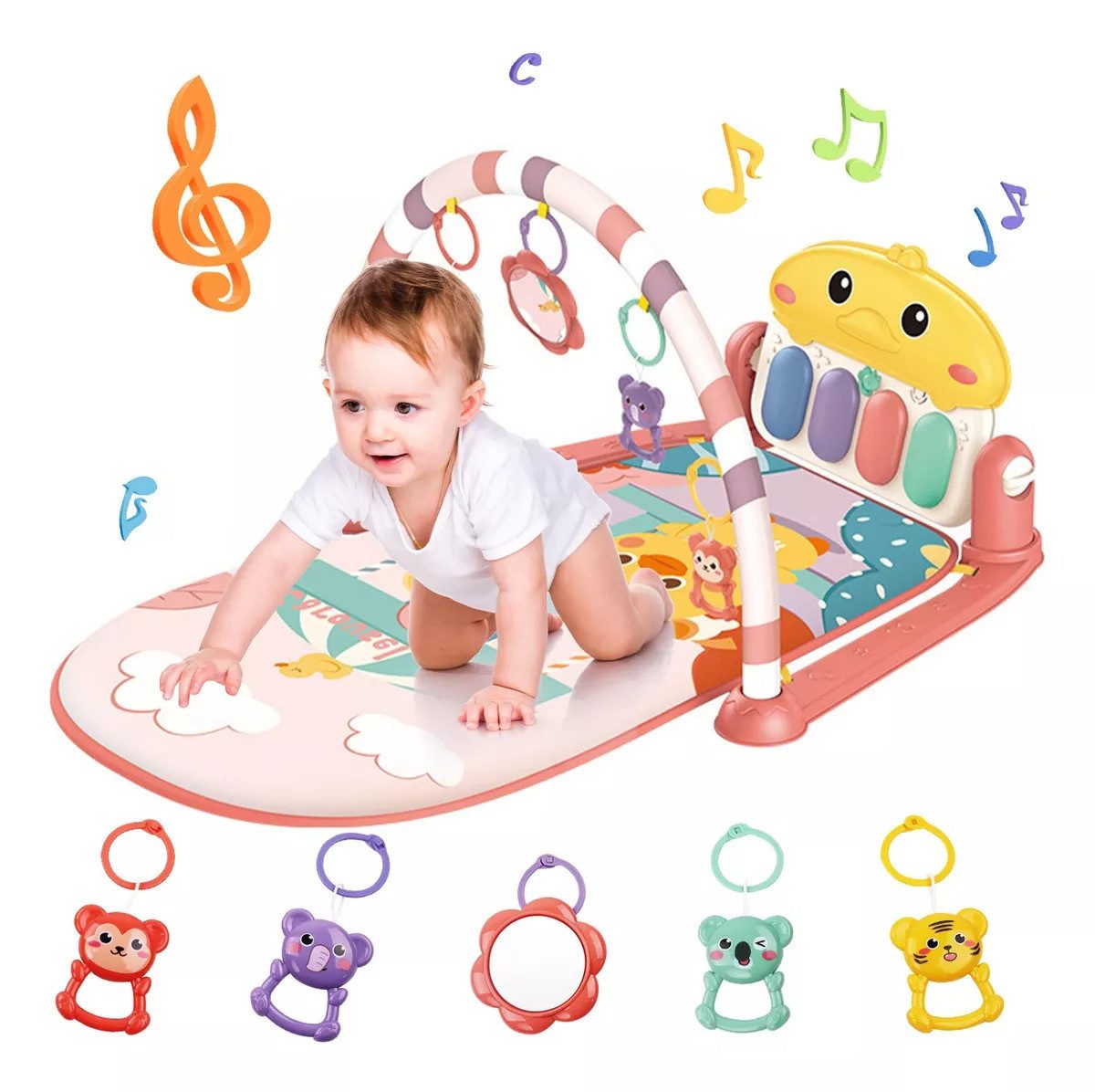 Krabbeldecke Spielmatte Spielbogen Baby Lernmatte Musik Spieldecke Erlebnisdecke, Cbei, 5 hängende und abnehmbare Spielzeuge, darunter Sicherheitsspiegel