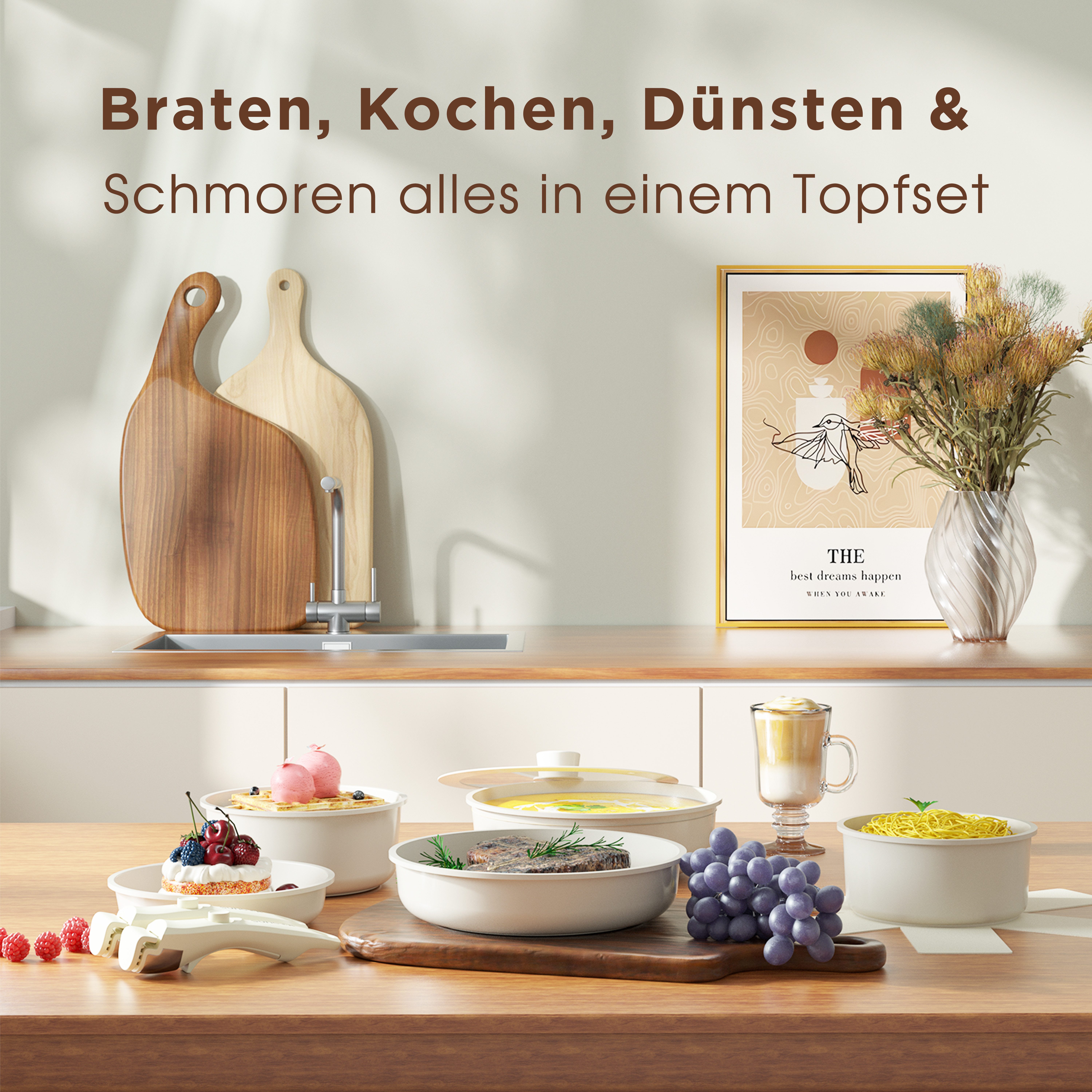 SUNCOK Topf-Set Pfannenset 19-Teilig Antihaft-Keramik-Kochgeschirr-Set,Ofenfest 450 °C, Aluminium (Set, 18/20 cm Suppentopf + 20/26 cm Bratpfanne + 26 cm Tiefe  – Bild 2 von 5