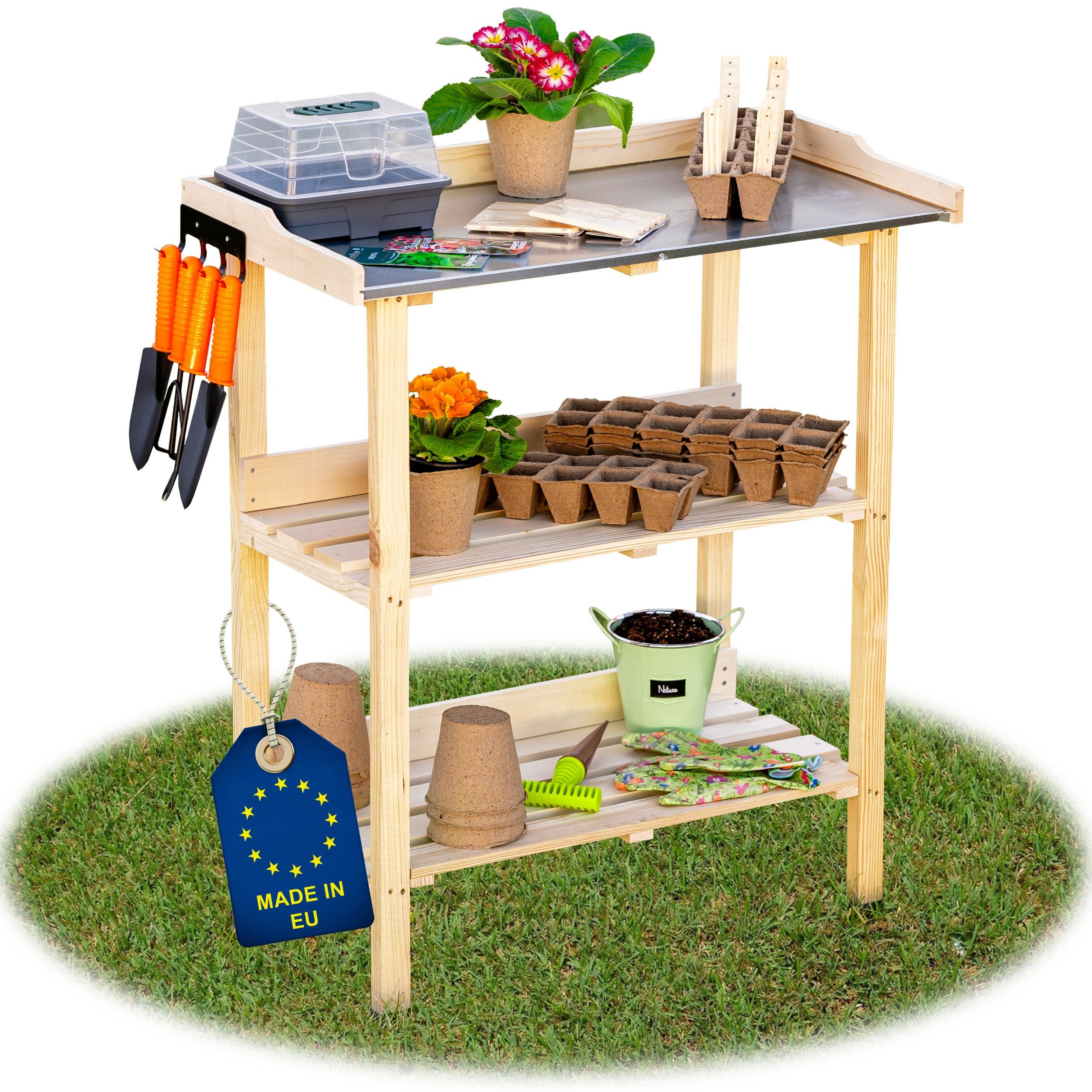 ITA Pflanztisch Pflanztisch aus Holz 76x38x89 cm verzinkte Arbeitsplatte & Ablageboden, Outdoor & Indoor, Wetterfest, Gärtnertisch aus Holz