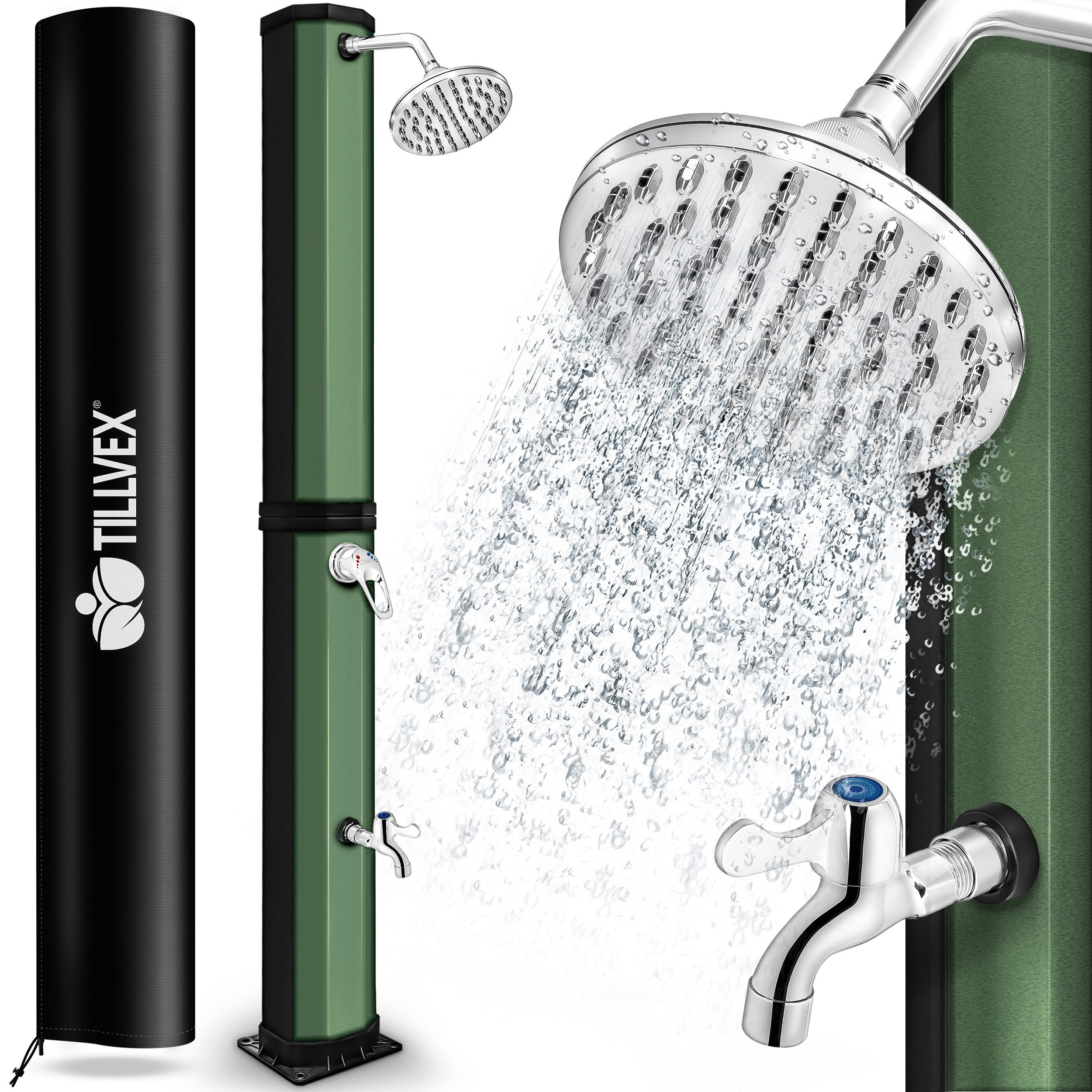 tillvex Solardusche Solar Gartendusche 35 Liter inklusive Schutzhaube, warmes Wasser, Pooldusche Camping ohne Strom