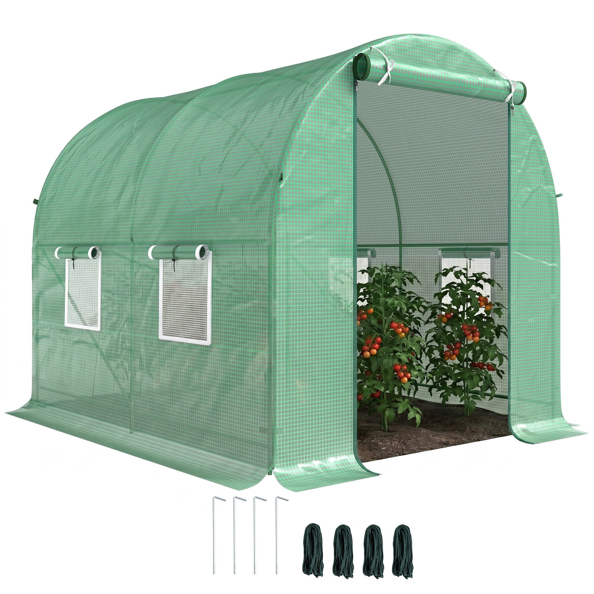 MC Star Gewächshaus Gartengewächshaus mit Stahlrahmen und 4 PE-Fenstern, 2,5 x 2 x 2 m, Grün