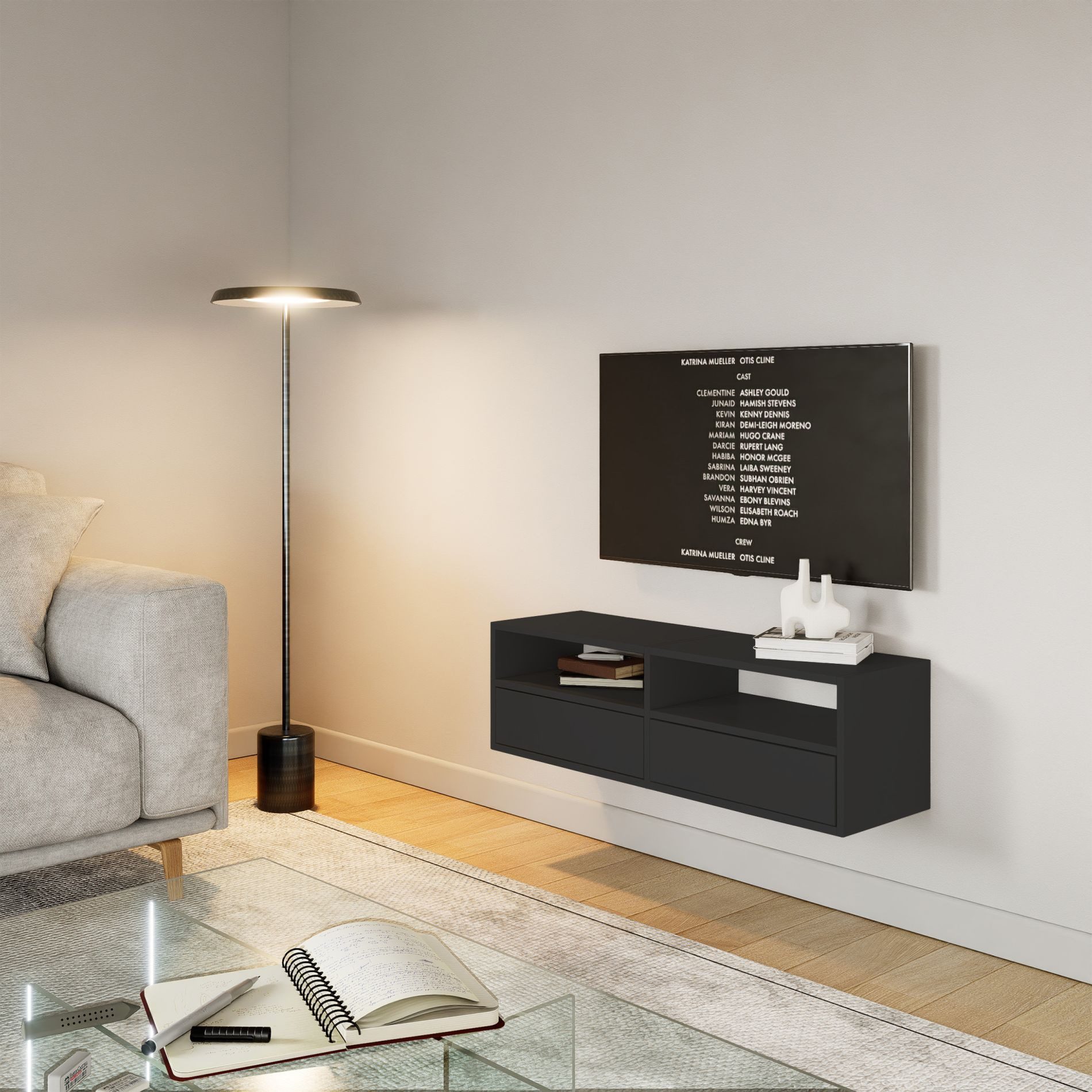Selsey TV-Schrank FRAMME TV-Lowboard hängend 150 und 100 cm, mit Fächern und Ablagen