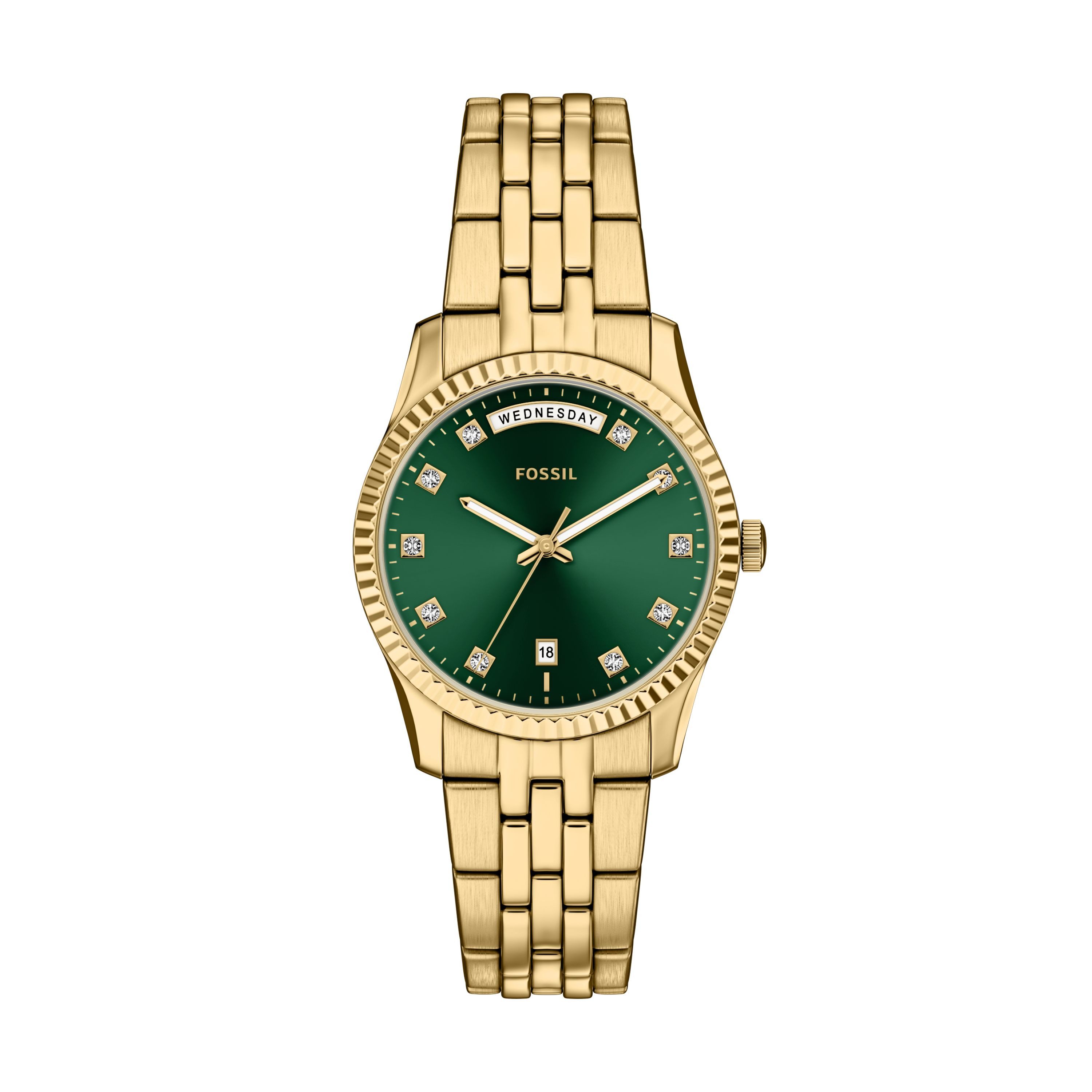 Fossil Quarzuhr Scarlette ES5460, Armbanduhr, Damenuhr, Edelstahlarmband, analog, Tag, Wochentag