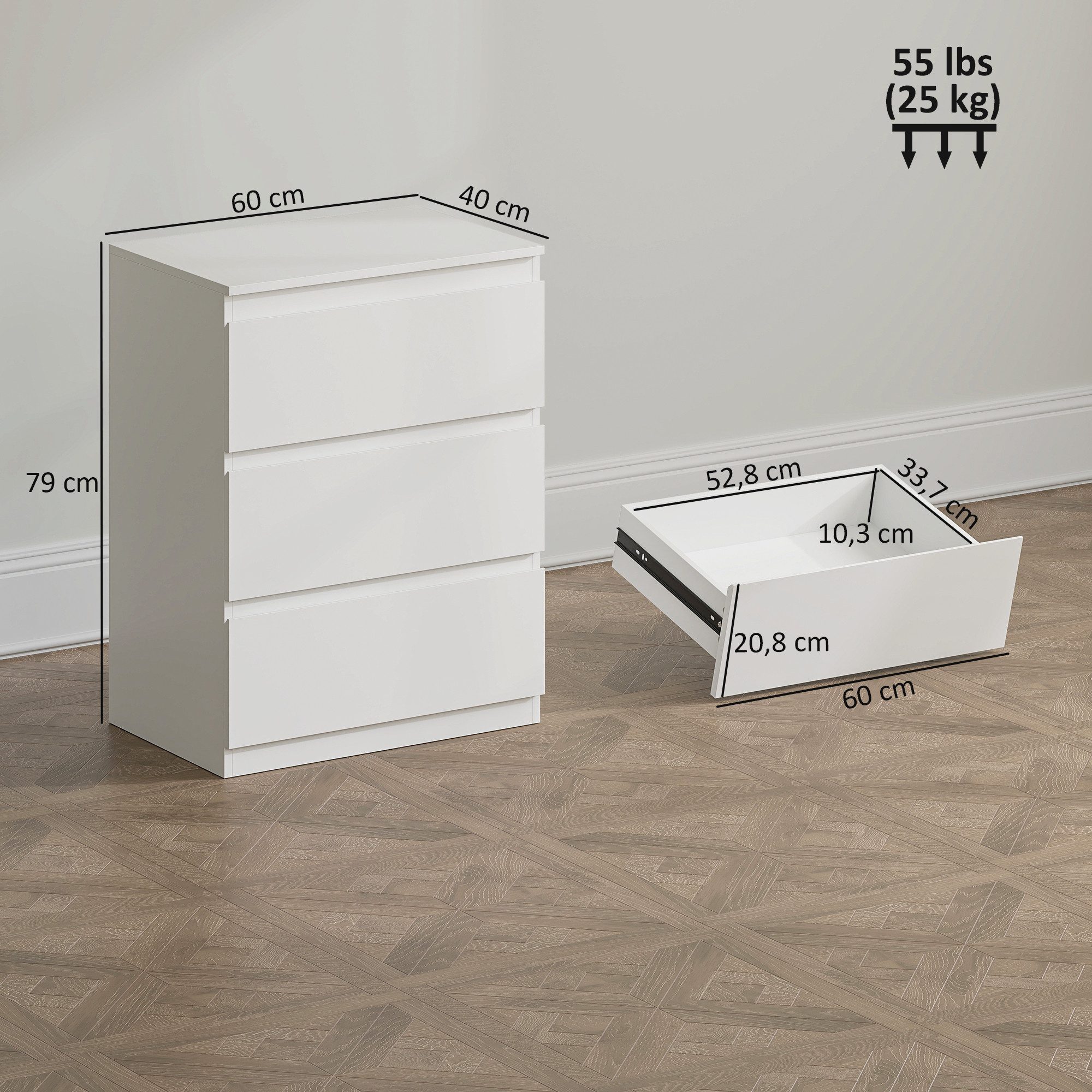 HOMCOM Kommode Kommodenschrank Aufbewahrungsschrank mit 3 Schubladen für Flur (Schubladenschrank, 1 St., Sideboard), für Wohnzimmer, Schlafzimmer, Weiß