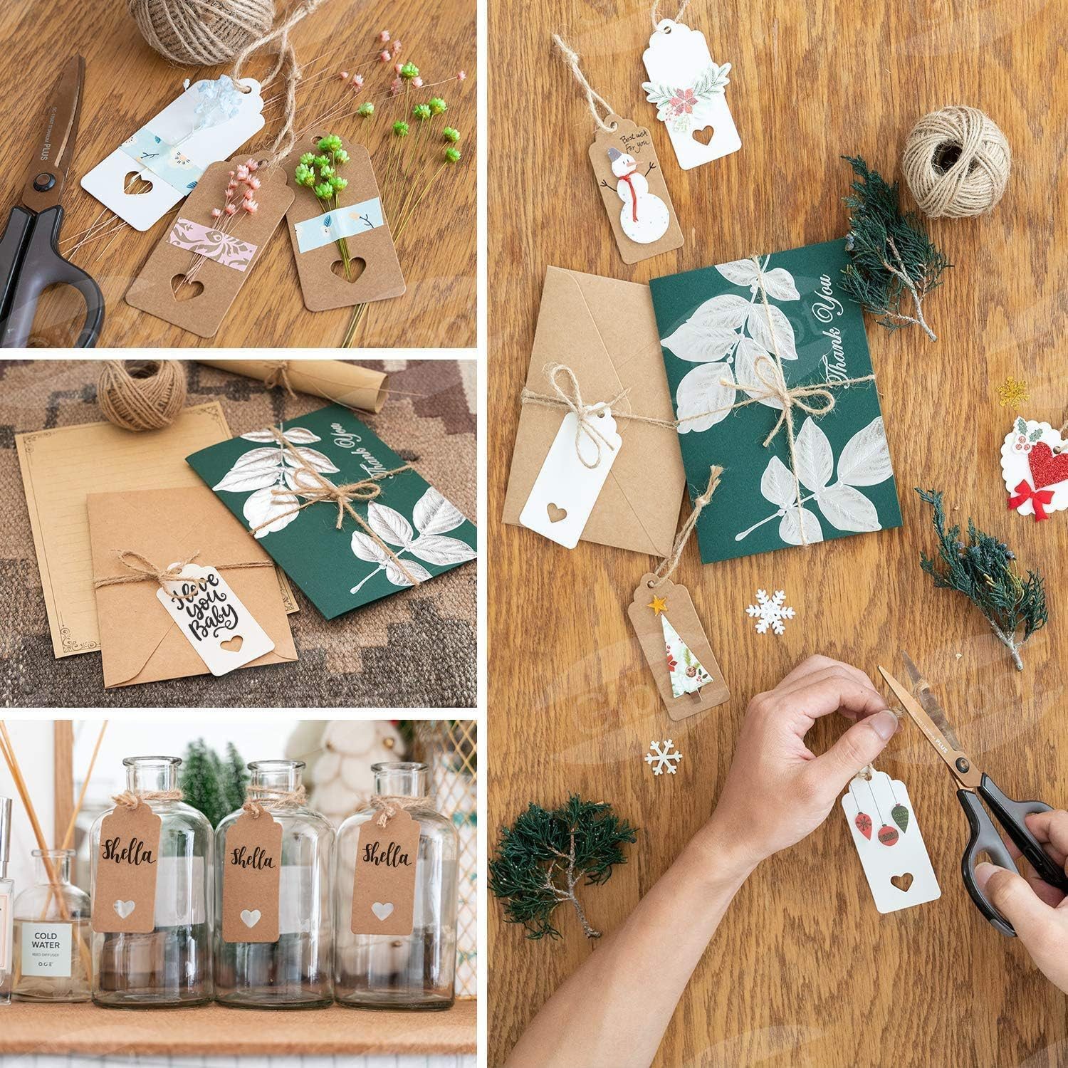 FOUORTUNATE-BEE Etiketten 200 Stück Etiketten Kraftpapier mit 30 Meter Jute Schnur, für Handmade, Geschenkdeko, Hochzeit Geschenk Weihnachten – Bild 3 von 5