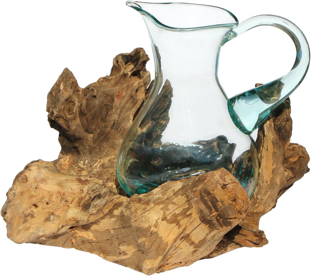 Wogeka Wasserkrug Glas-Krug auf Wurzelholz Kanne Teakholz Gamal Bali Vase