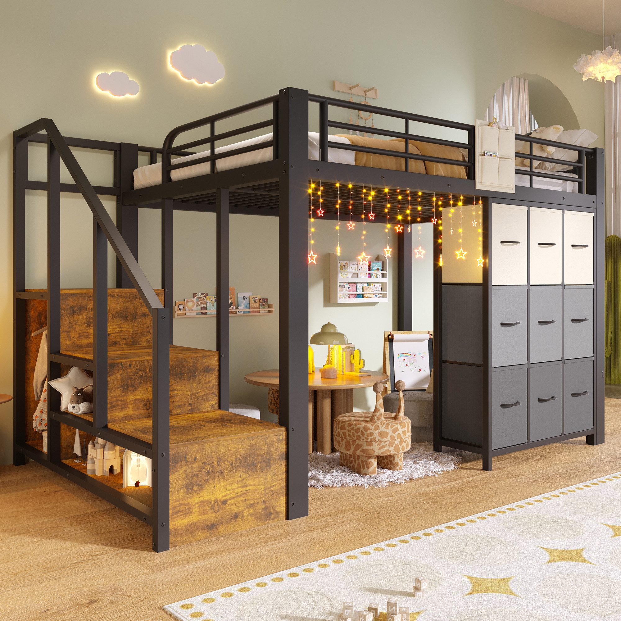 Flieks Hochbett Metallbett Kinderbett 140×200cm mit Kommode und Stauraumtreppe