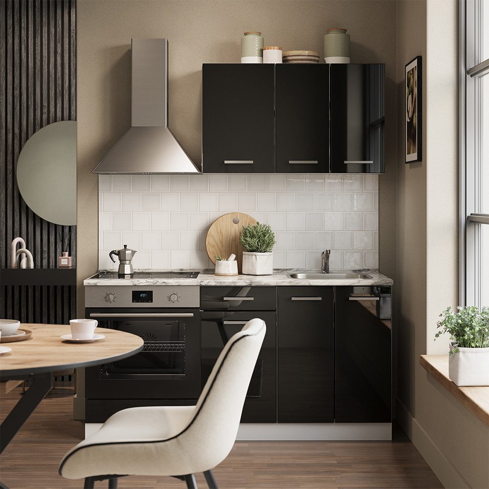 Vicco Küchenzeile R-Line, Schwarz Hochglanz/Weiß, 160 cm mit Herdumbauschrank ohne A...