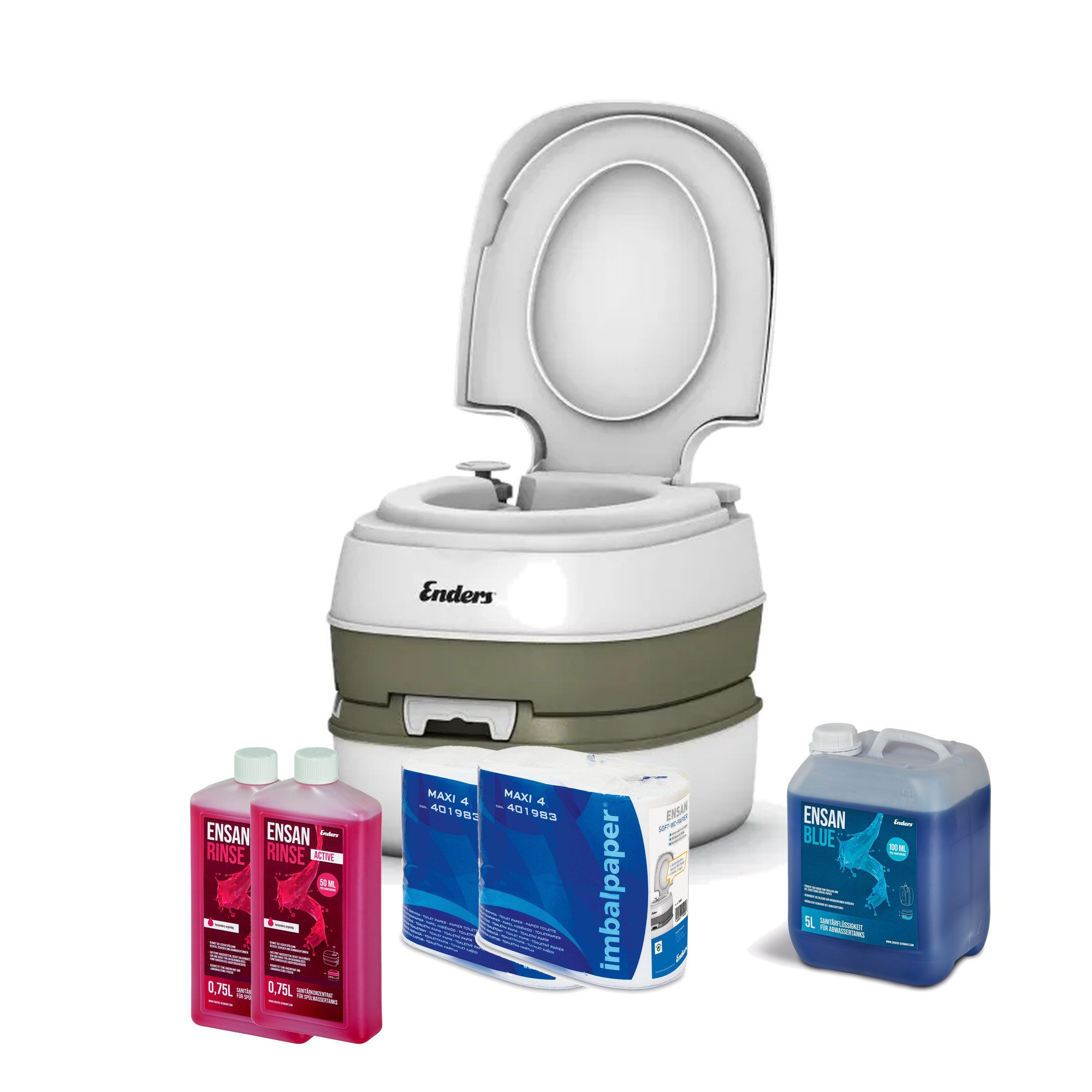 Enders® Campingtoilette Starter Set Blue XL Deluxe, (Spar-Set, inkl. 1,5L RINSE + 5L BLUE + 8 Rollen selbstaufl. Toilettenpapier), Kolbenpumpe, farbige Füllstandsanzeige, integrierte Transportrolle