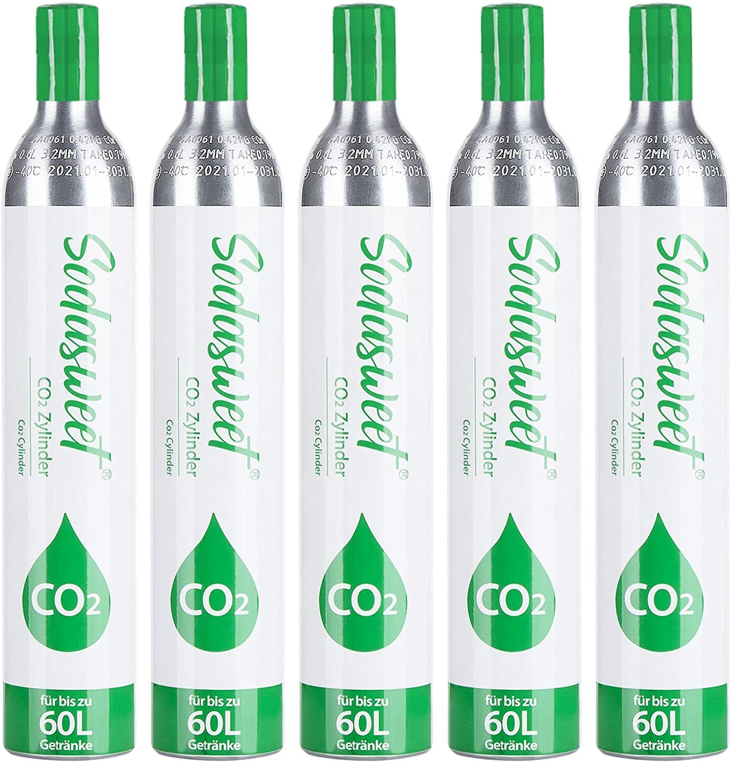SODASWEET Wassersprudler CO2 Zylinder, Neu & Erstbefüllt in Deutschland, TÜV bis 2030, (Set, 5-tlg., geeignet für SodaStream usw), Kohlensäure Kohlendioxid Zylinder 425g für ca. 60L Wasser