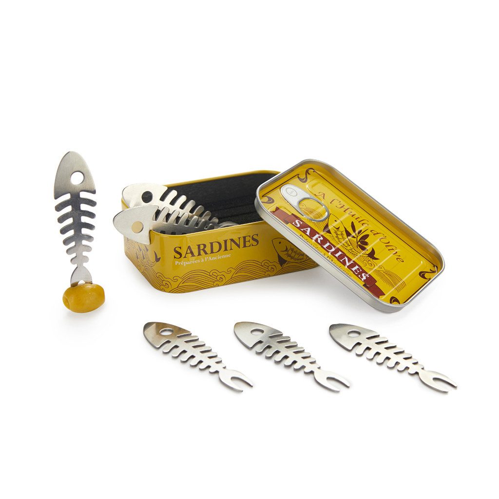 Balvi Brotzeitgabel Sardines Set - 6er Set Aperitiv-Gabeln Sardinen - Metall Piekser (6 Stück), Cocktailspieße, Cocktail-Gabeln in Sardinendose - Snackgabel Sardine