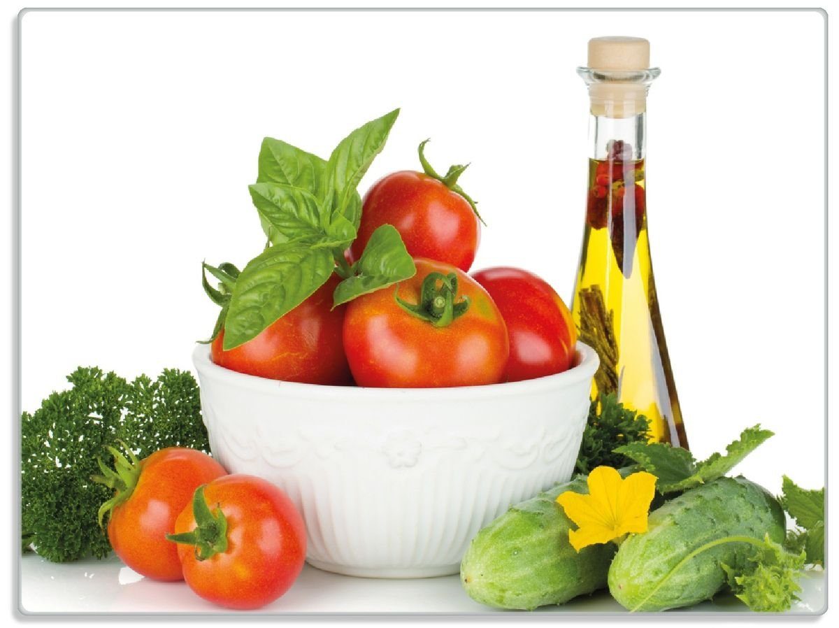(inkl. Wallario Tomaten, Schneidebrett - 30x40cm Petersilie, Frische ESG-Sicherheitsglas, 4mm, 1-St), rutschfester Gummifüße Salatzutaten Kräuter-Öl mit Gurke,