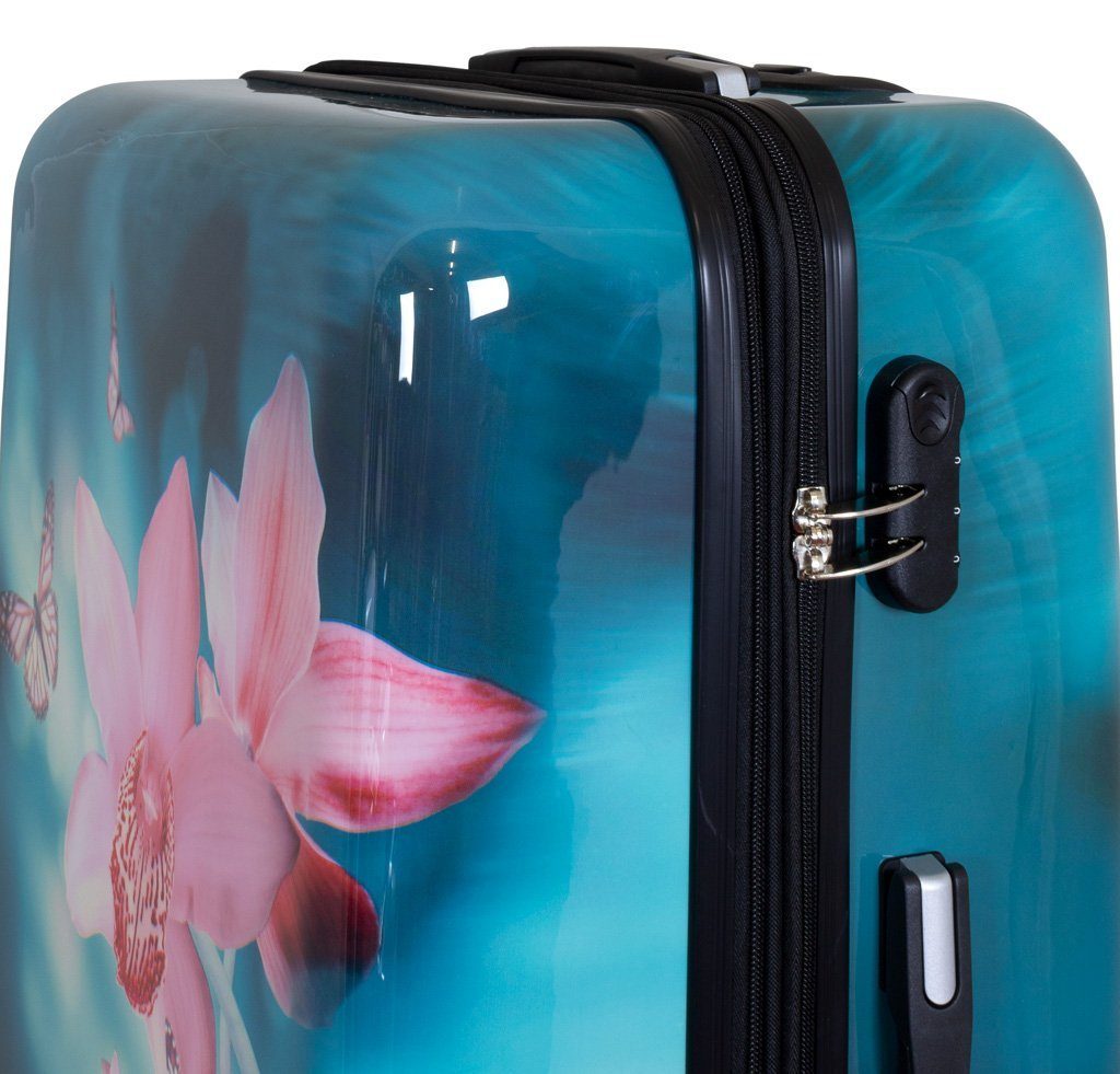 Trendyshop365 Hartschalen-Trolley Orchidee, bunter Koffer mit Blumen-Motiv, 3 Größen, Zahlenschloss, Polycarbonat, Dehnfalte – Bild 3 von 5