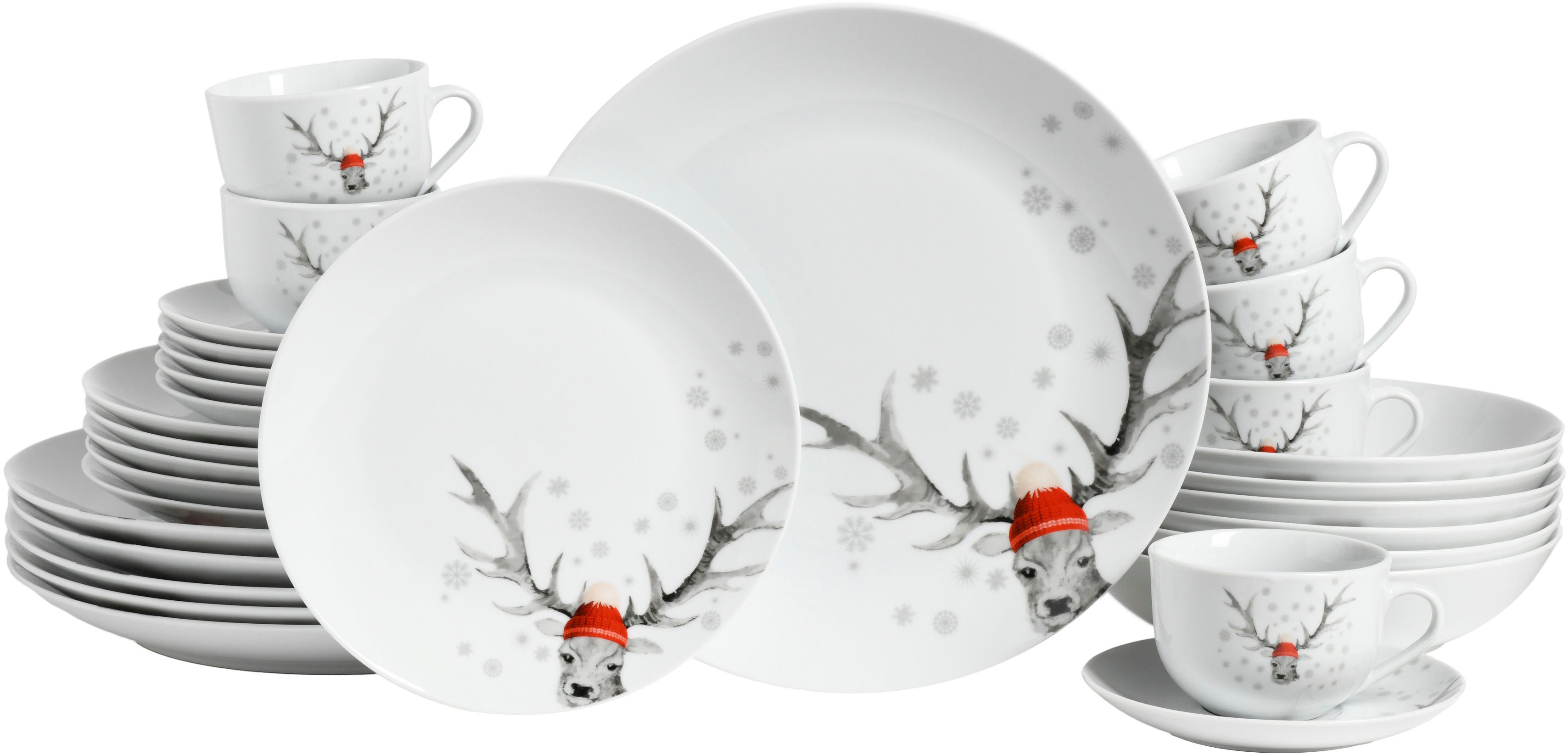 CreaTable Kombiservice Luna Hirsch (30-tlg), 6 Personen, Porzellan, winterliches Hirsch-Motiv